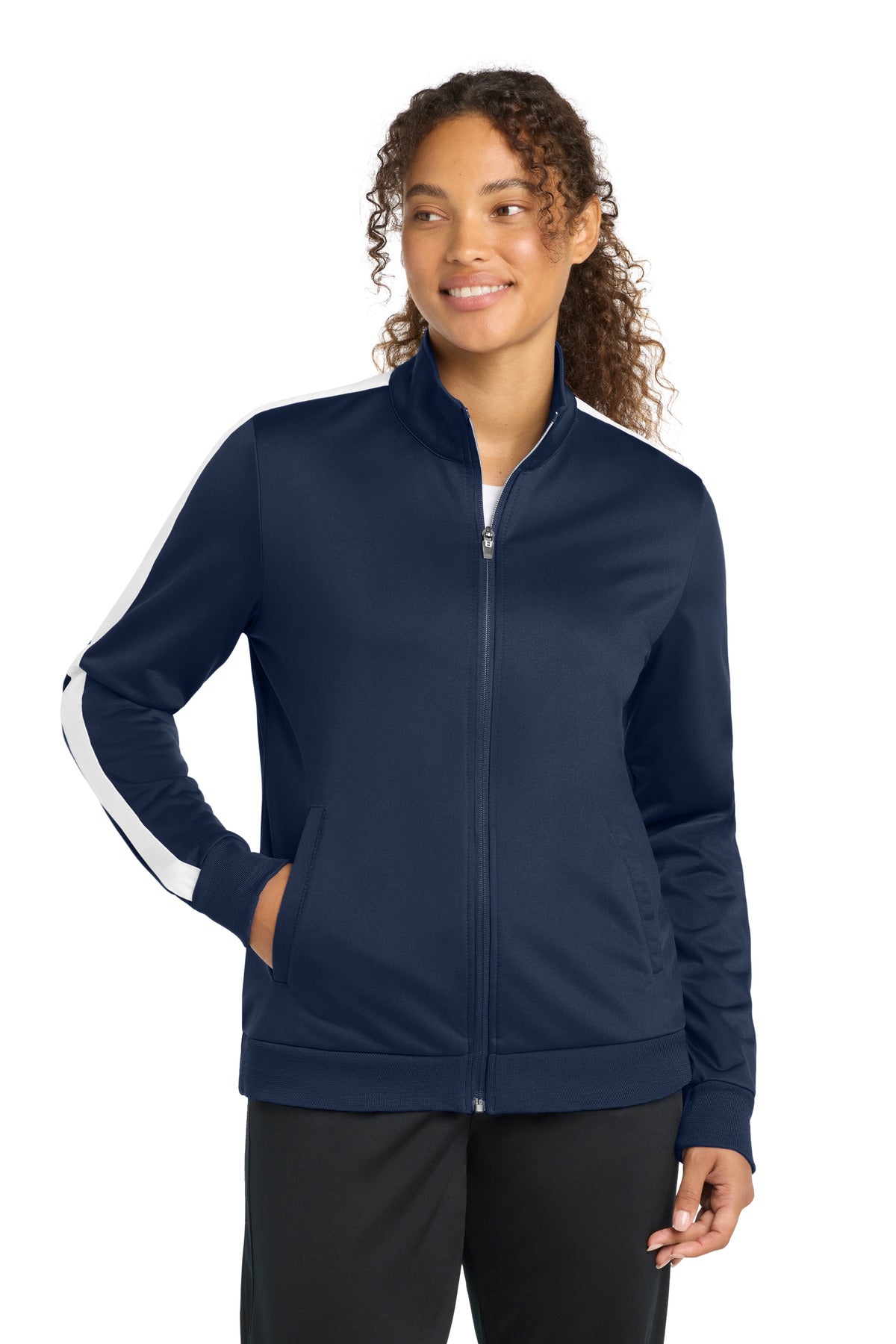 Custom logo Sport-Tek ® Women's Tricot Sleeve Stripe Track Jacket. LST94 in True Navy/ White