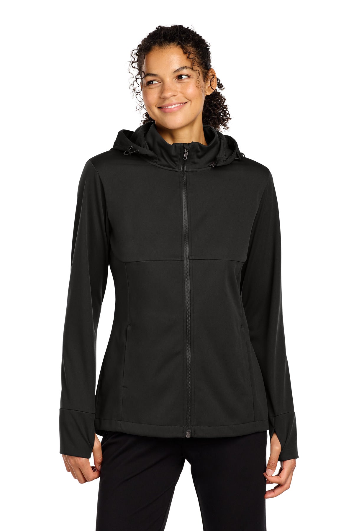 Custom logo Sport-Tek® Women's Hooded Soft Shell Jacket LST980 in Deep Black