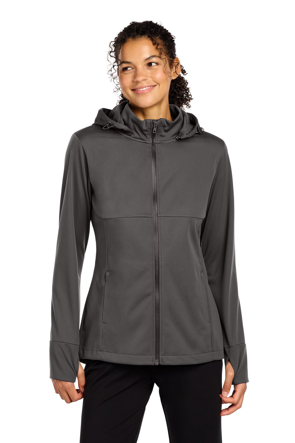 Custom logo Sport-Tek® Women's Hooded Soft Shell Jacket LST980 in Graphite