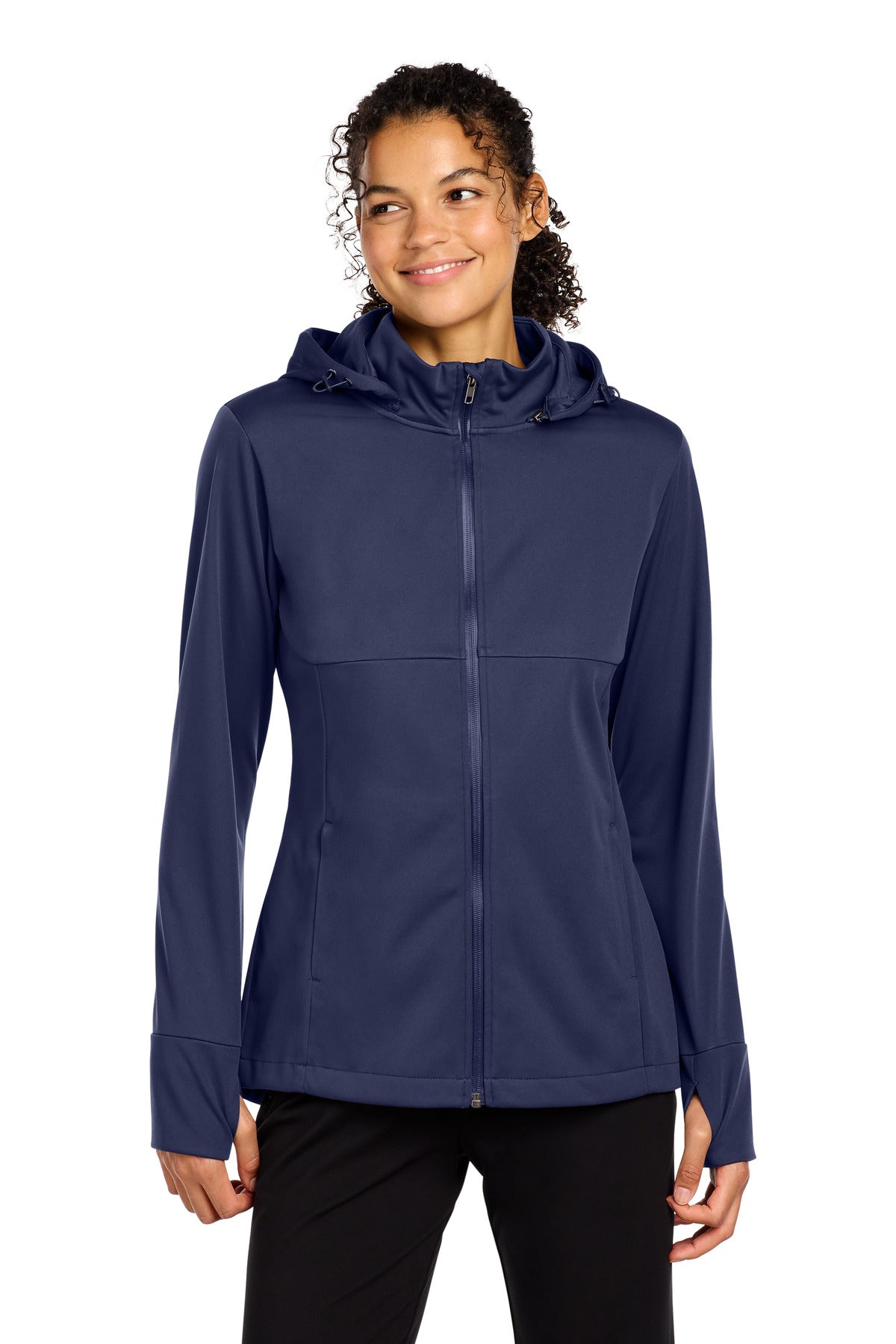 Custom logo Sport-Tek® Women's Hooded Soft Shell Jacket LST980 in True Navy