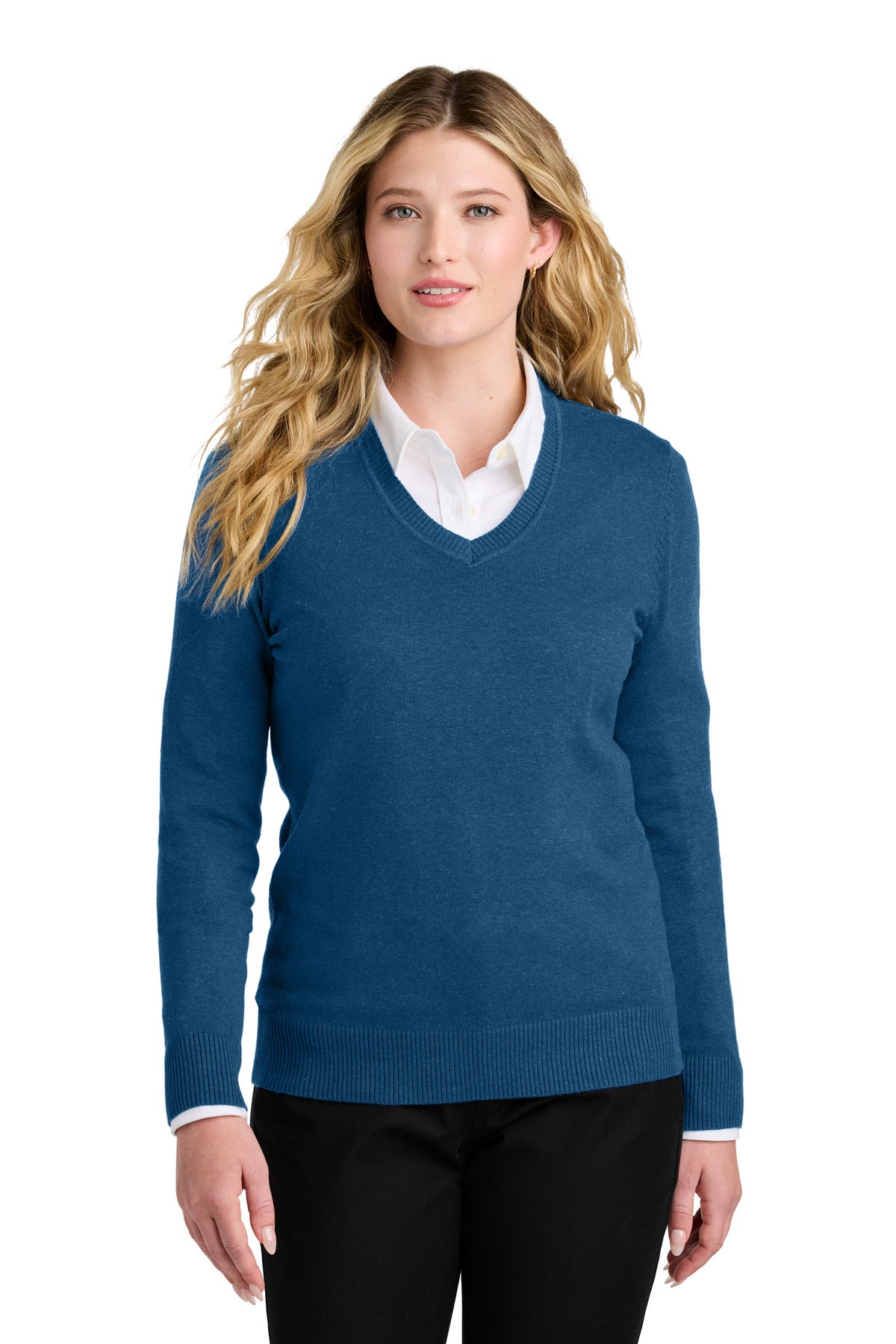 Custom logo Port Authority® Women's Easy Care V-Neck Sweater LSW2850 in Aegean Blue Heather