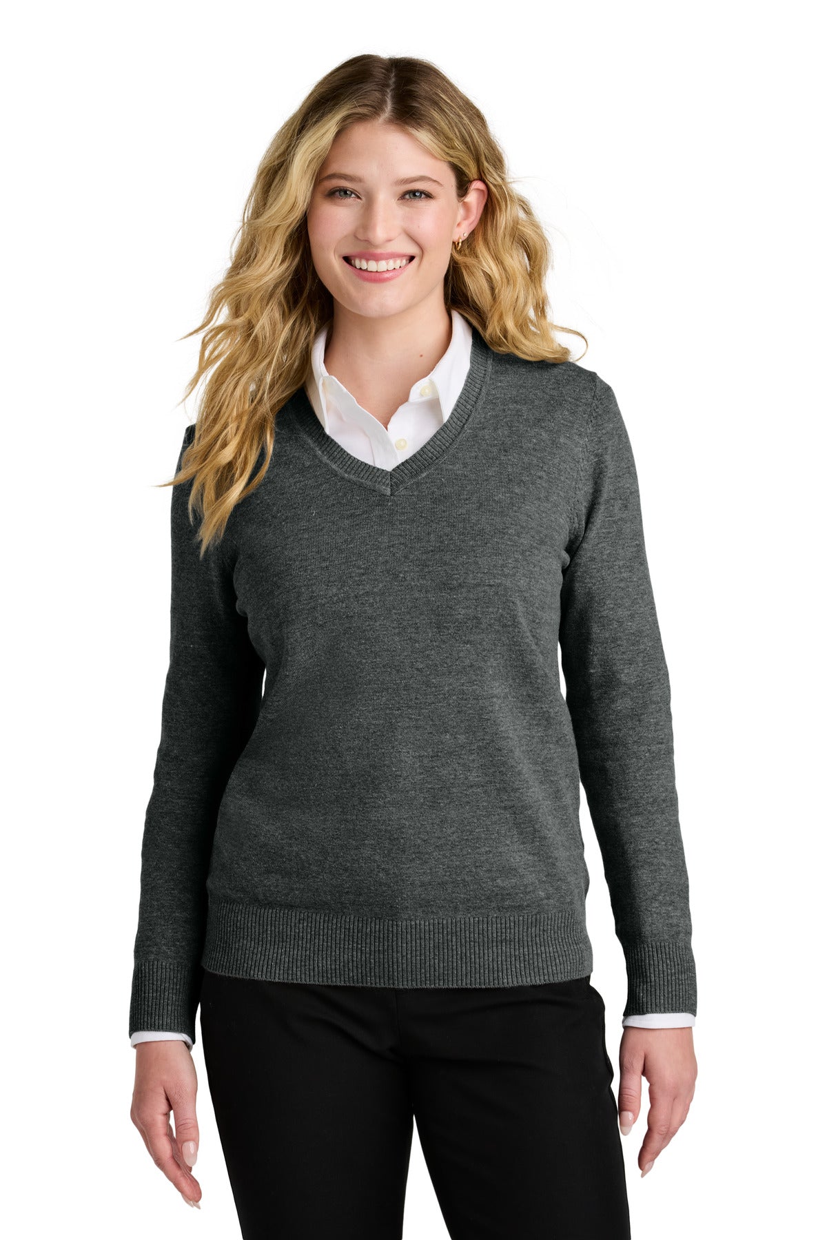 Custom logo Port Authority® Women's Easy Care V-Neck Sweater LSW2850 in Charcoal Heather