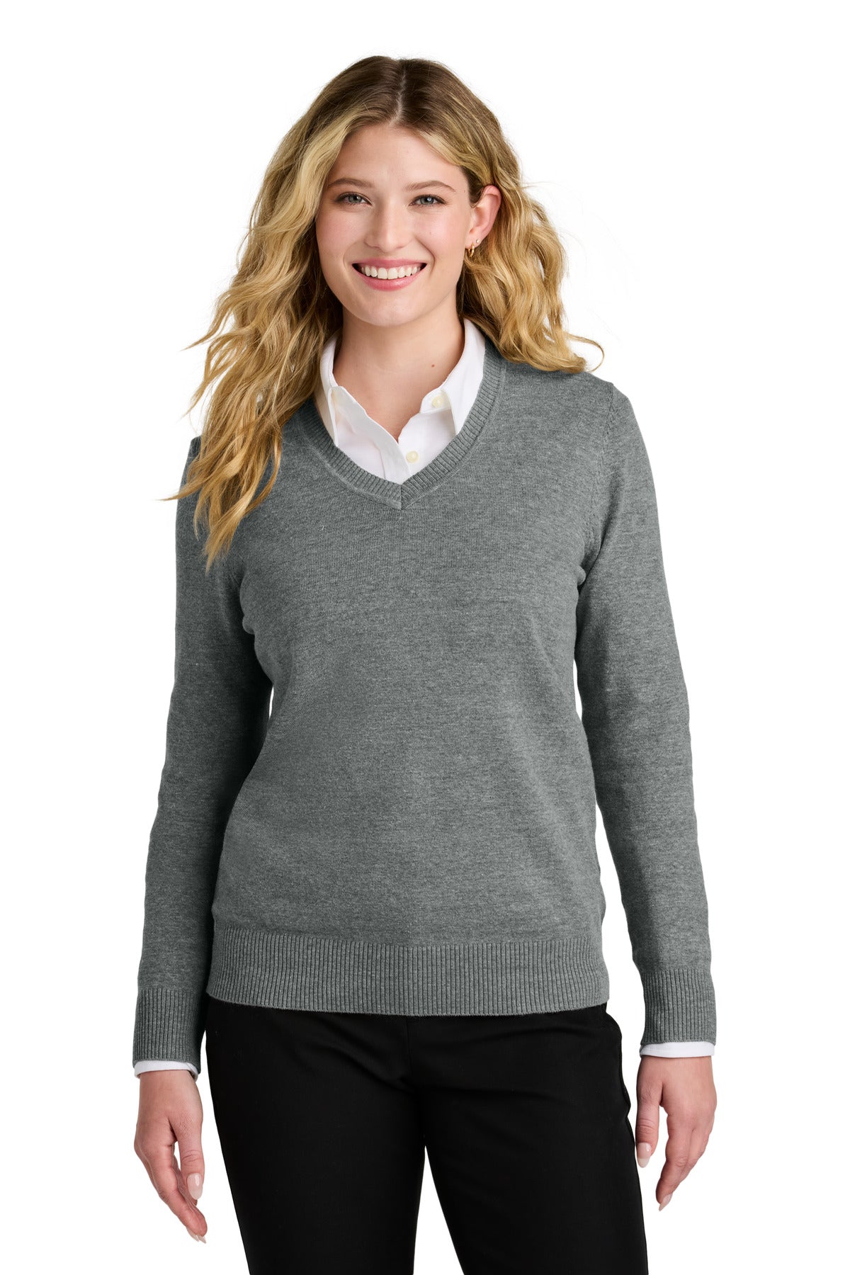 Custom logo Port Authority® Women's Easy Care V-Neck Sweater LSW2850 in Medium Heather Grey
