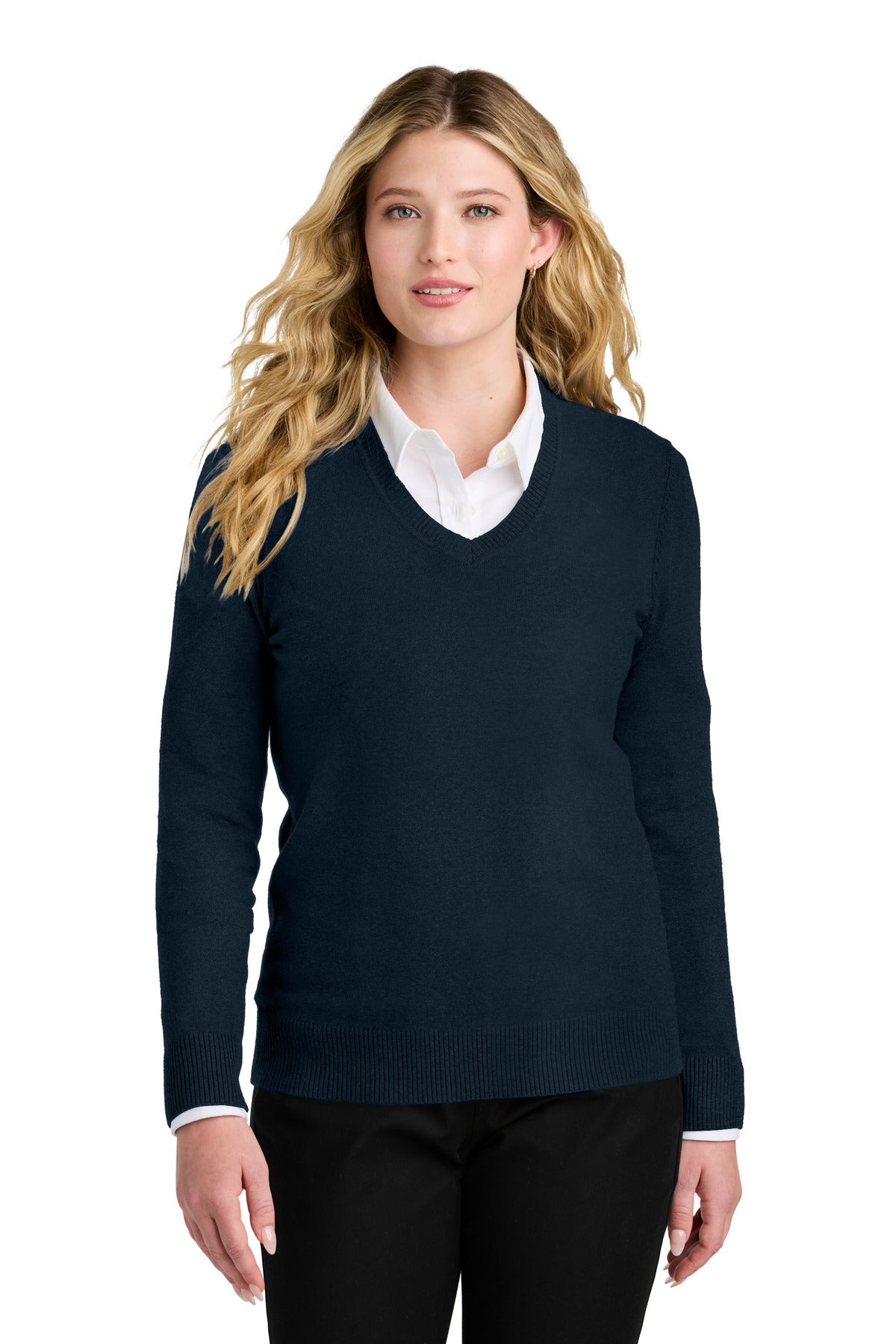 Custom logo Port Authority® Women's Easy Care V-Neck Sweater LSW2850 in River Blue Navy