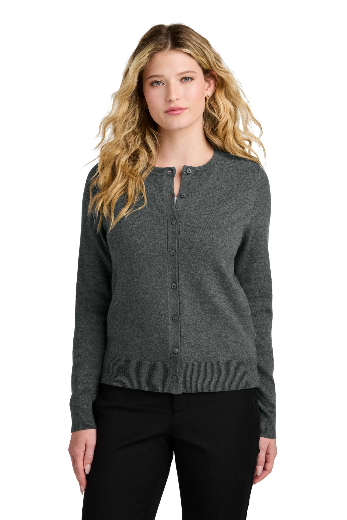 Custom logo Port Authority® Women's Easy Care Crewneck Cardigan Sweater LSW2870 in Charcoal Heather
