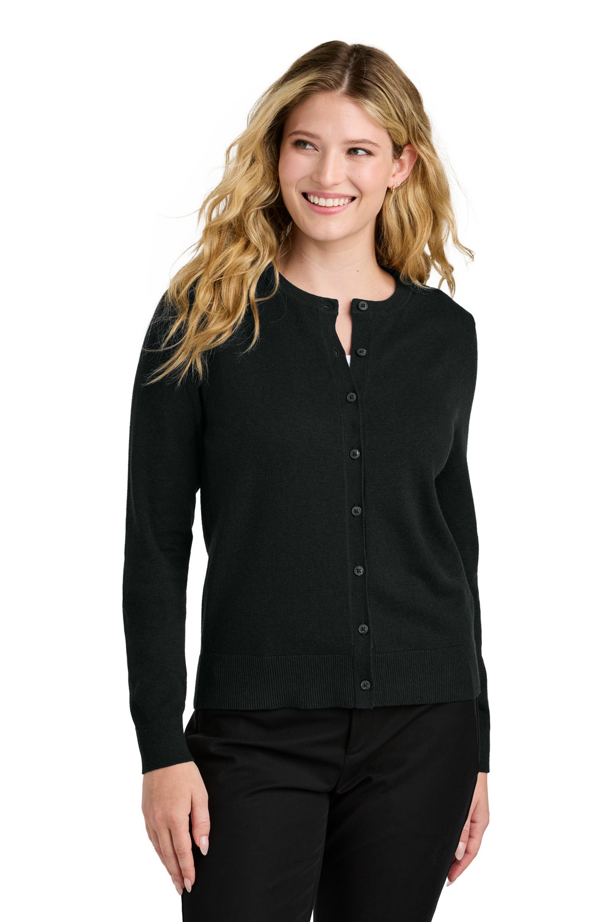 Custom logo Port Authority® Women's Easy Care Crewneck Cardigan Sweater LSW2870 in Deep Black