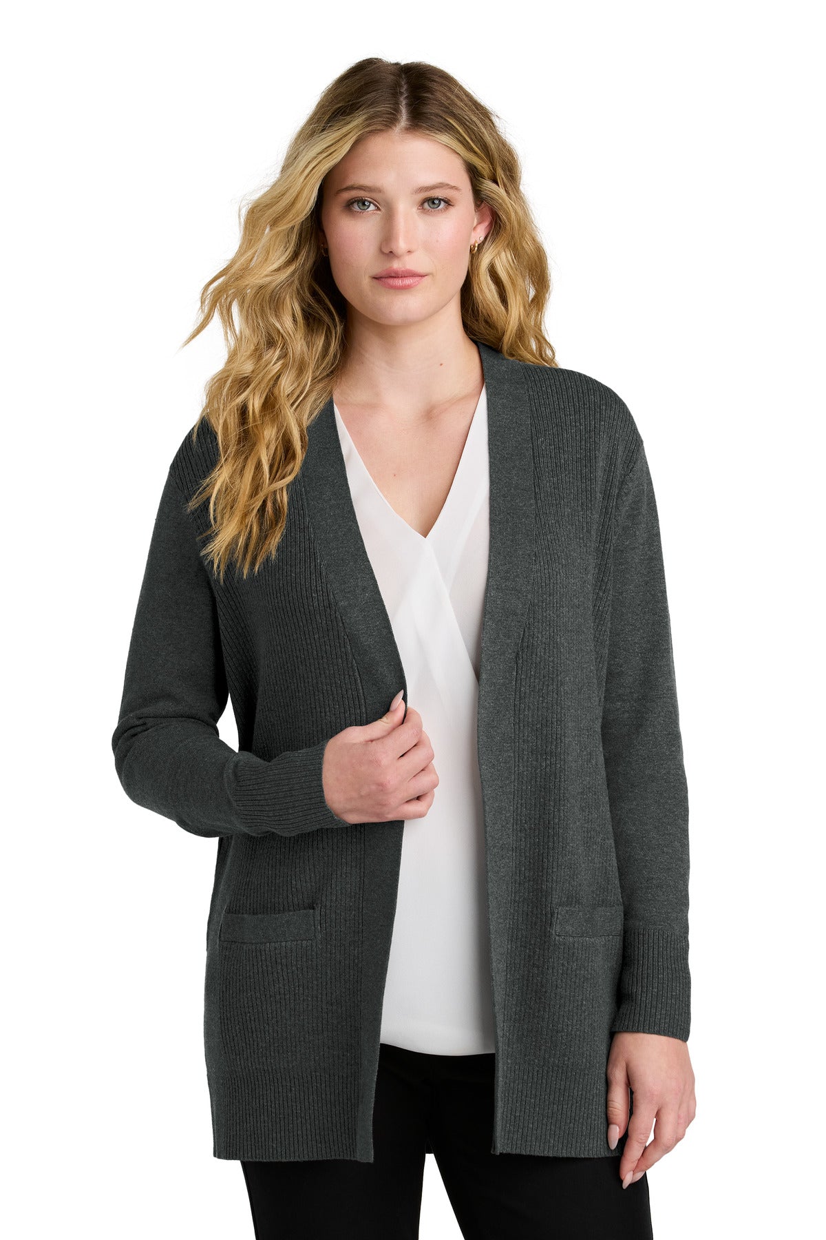 Custom logo Port Authority® Women's Easy Care Open-Front Cardigan Sweater LSW2890 in Charcoal Heather