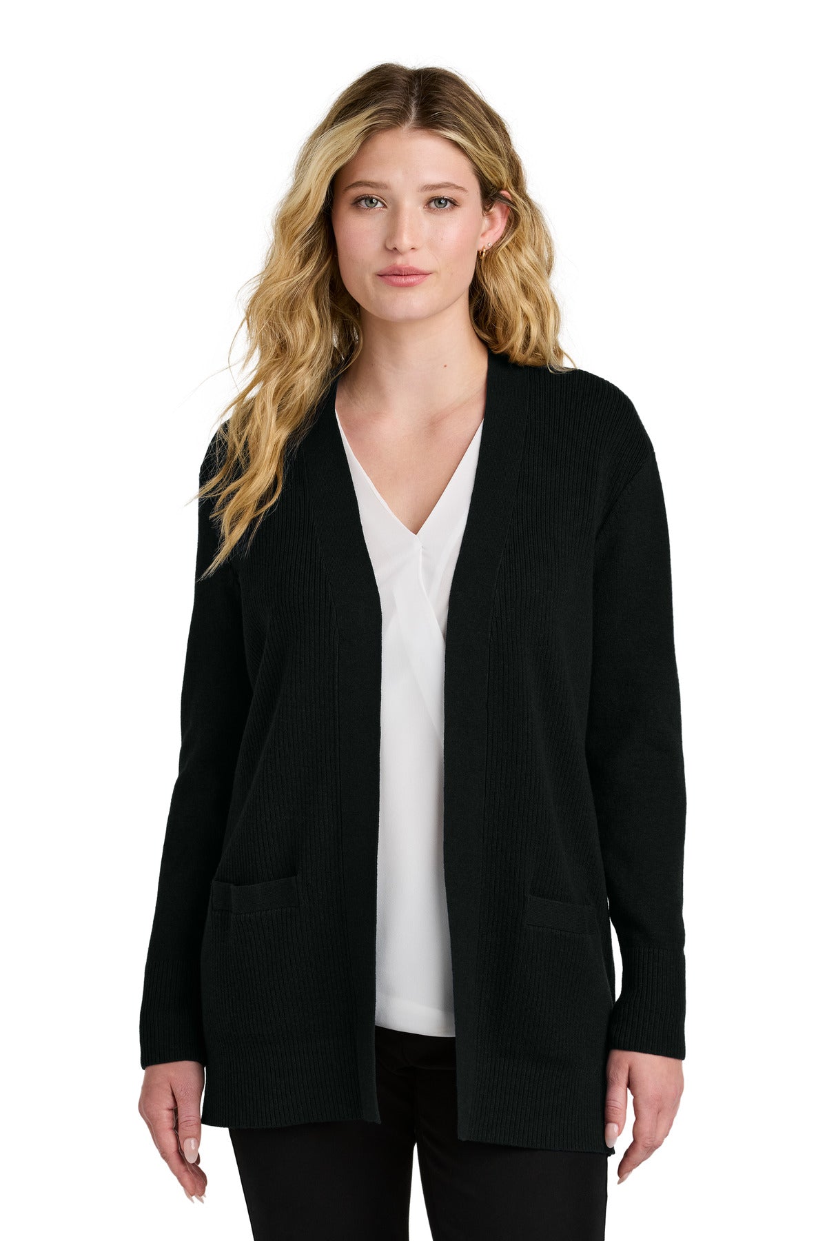 Custom logo Port Authority® Women's Easy Care Open-Front Cardigan Sweater LSW2890 in Deep Black