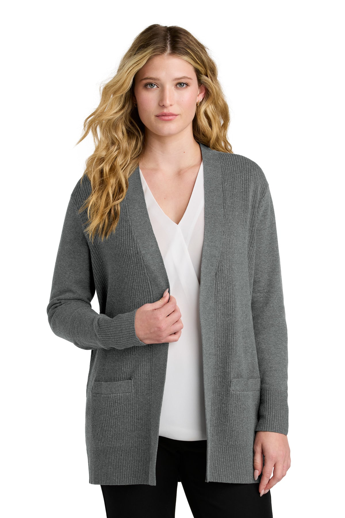 Custom logo Port Authority® Women's Easy Care Open-Front Cardigan Sweater LSW2890 in Medium Heather Grey