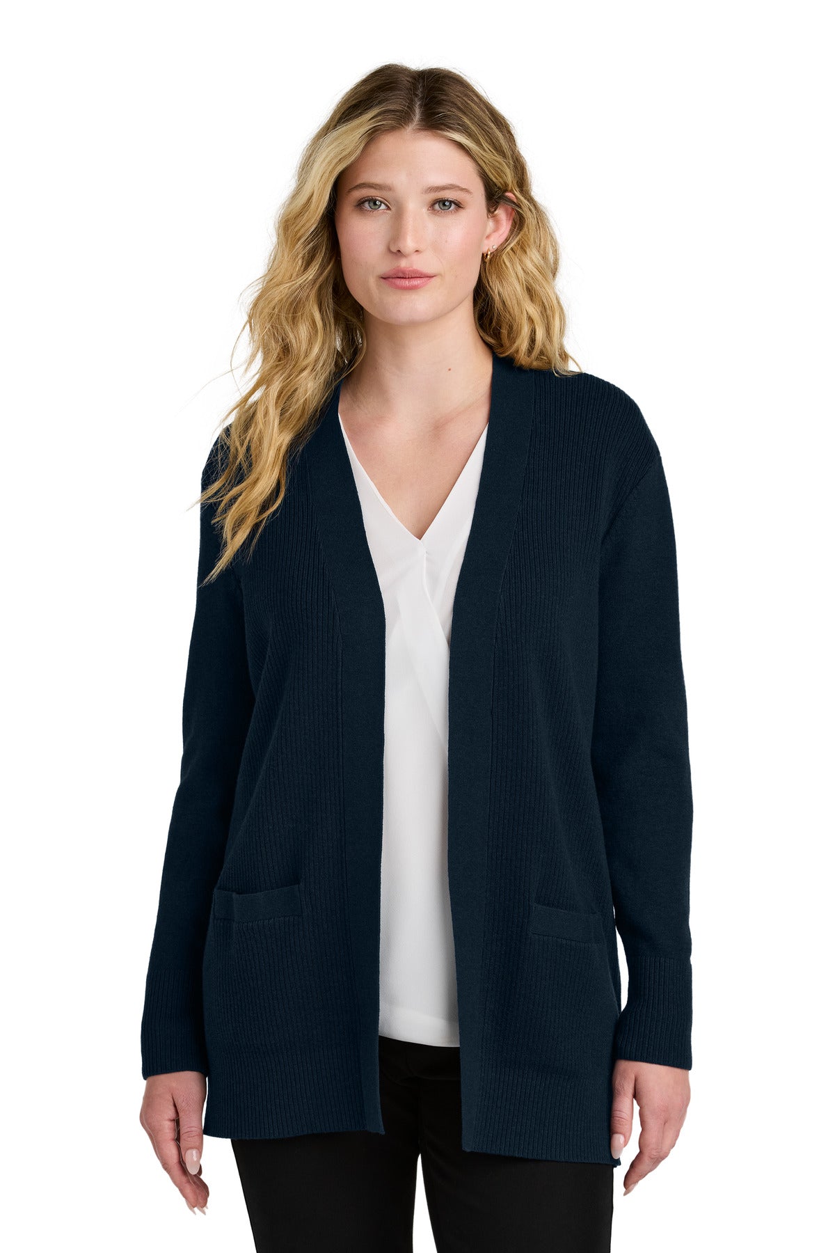 Custom logo Port Authority® Women's Easy Care Open-Front Cardigan Sweater LSW2890 in River Blue Navy