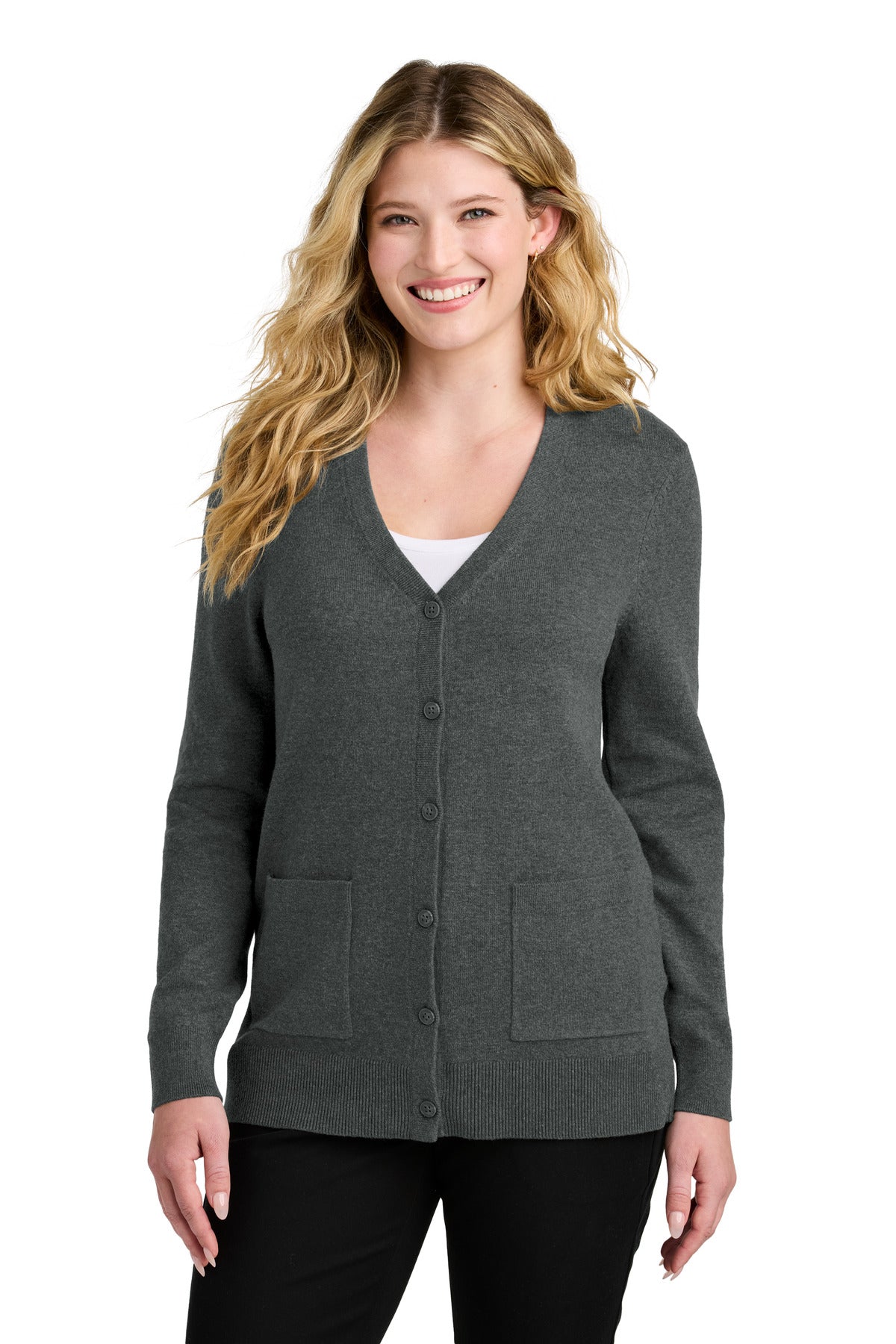 Custom logo Port Authority® Women's Easy Care Button-Up Cardigan Sweater LSW4150 in Charcoal Heather
