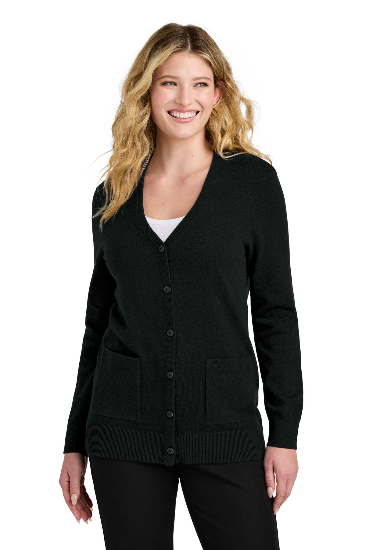 Custom logo Port Authority® Women's Easy Care Button-Up Cardigan Sweater LSW4150 in Deep Black