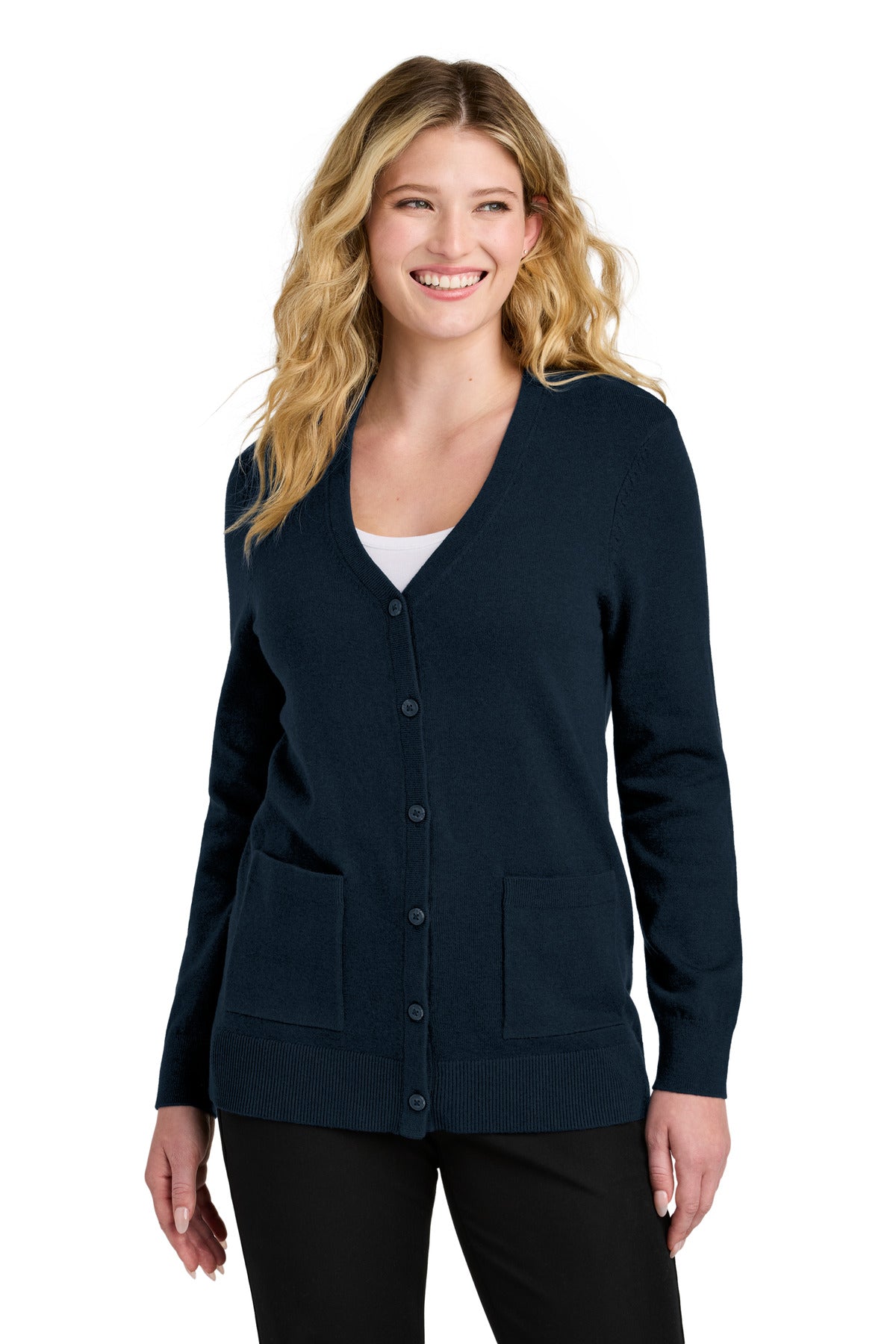 Custom logo Port Authority® Women's Easy Care Button-Up Cardigan Sweater LSW4150 in River Blue Navy