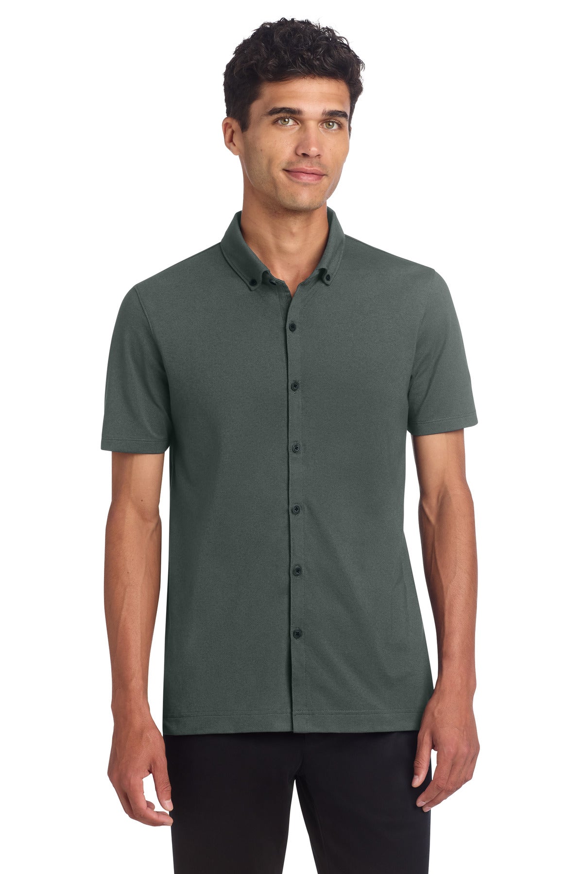 Custom logo Mercer+Mettle® Stretch Pique Full-Button Polo MM1006 in Anchor Grey