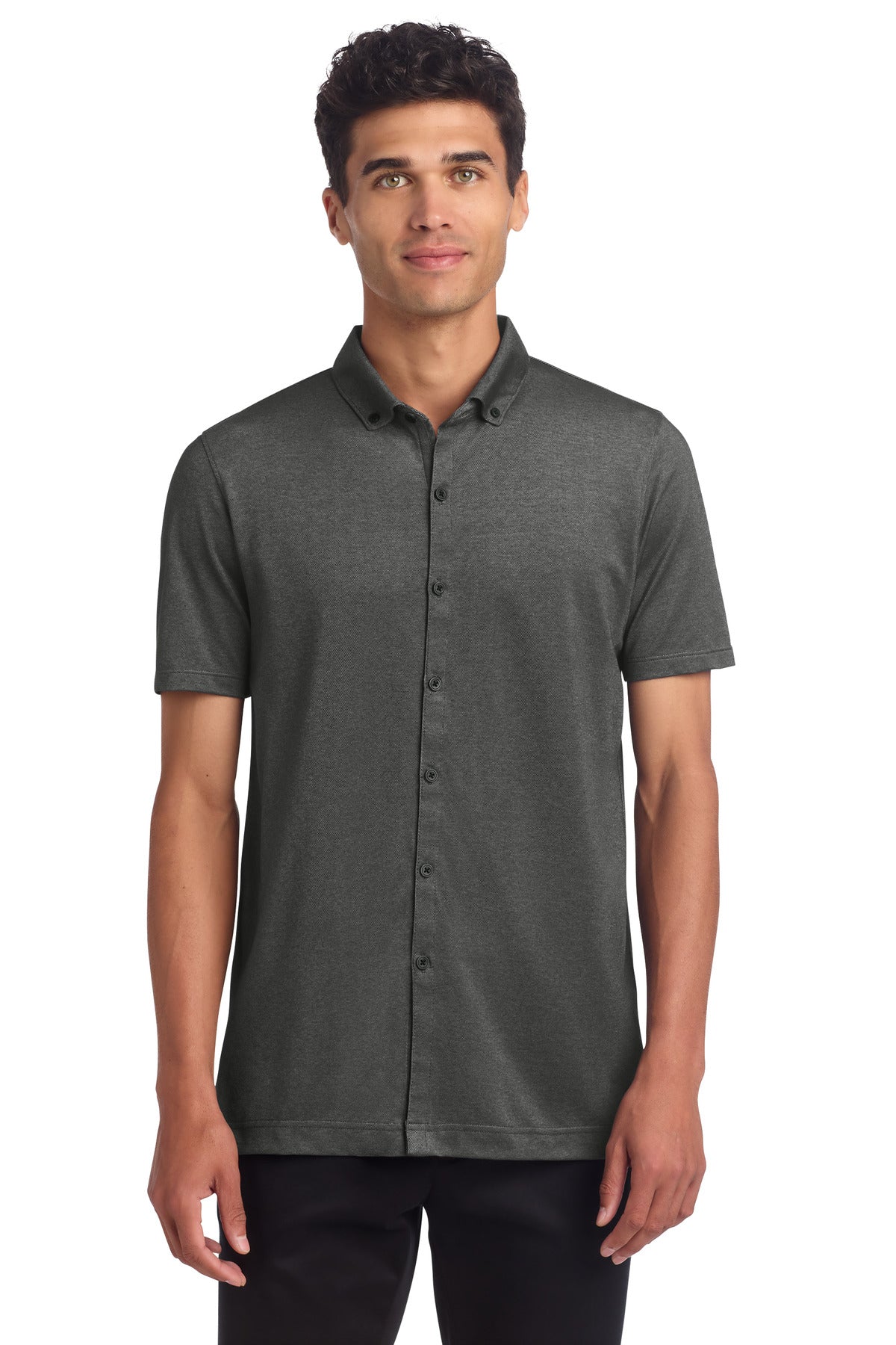 Custom logo Mercer+Mettle® Stretch Pique Full-Button Polo MM1006 in Anchor Grey Heather