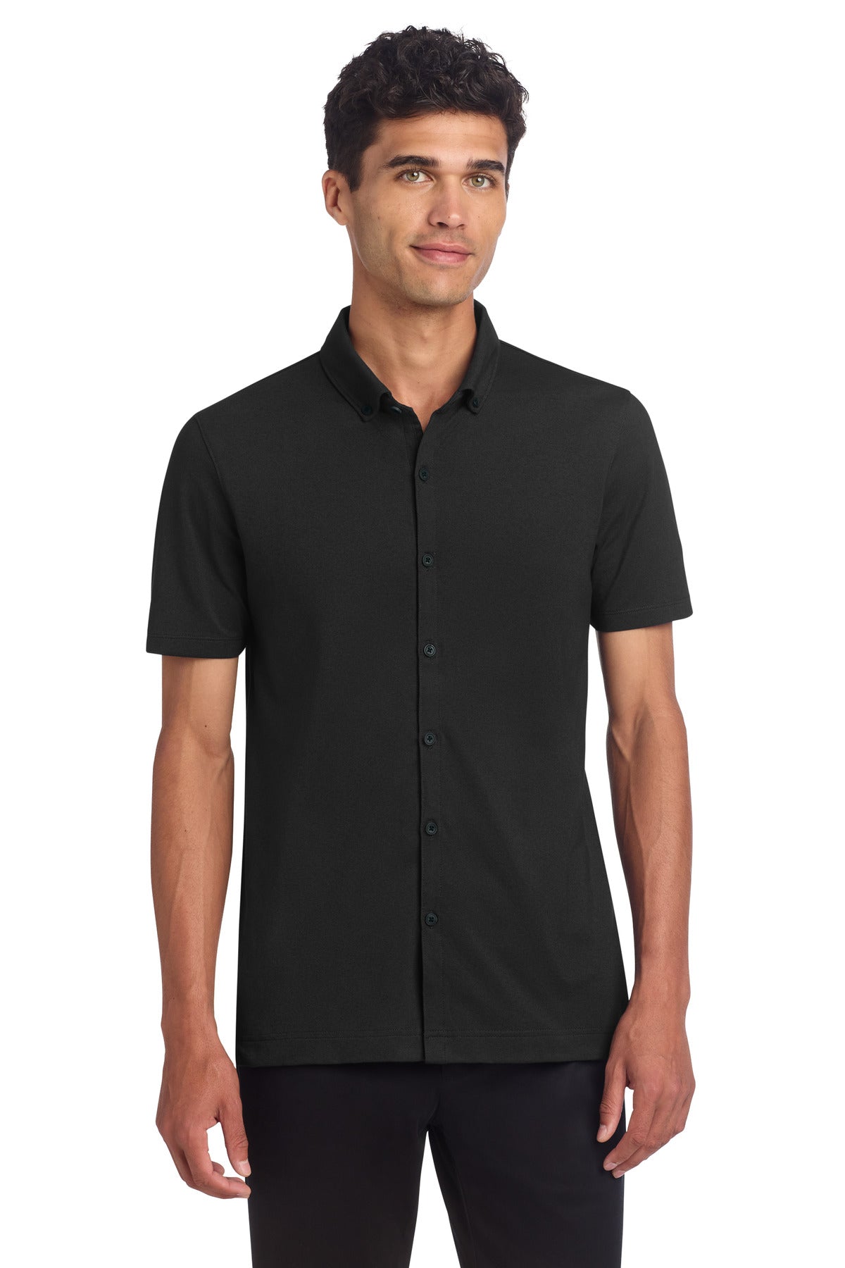 Custom logo Mercer+Mettle® Stretch Pique Full-Button Polo MM1006 in Deep Black