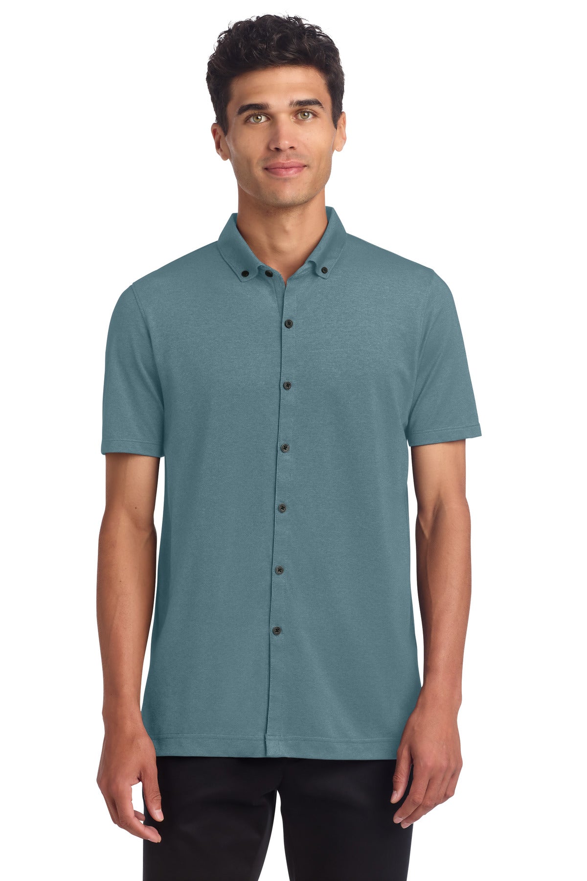 Custom logo Mercer+Mettle® Stretch Pique Full-Button Polo MM1006 in Parisian Blue Heather
