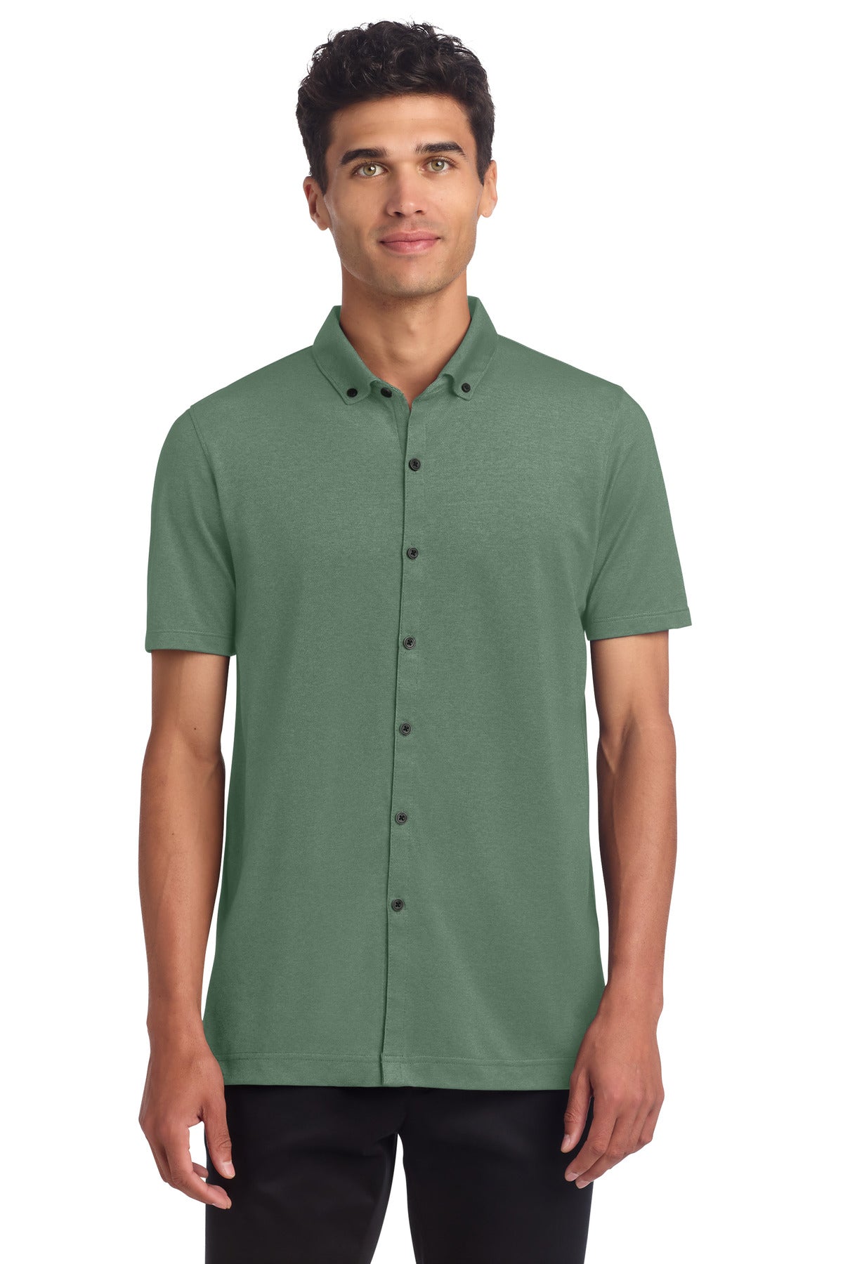 Custom logo Mercer+Mettle® Stretch Pique Full-Button Polo MM1006 in Sage Heather