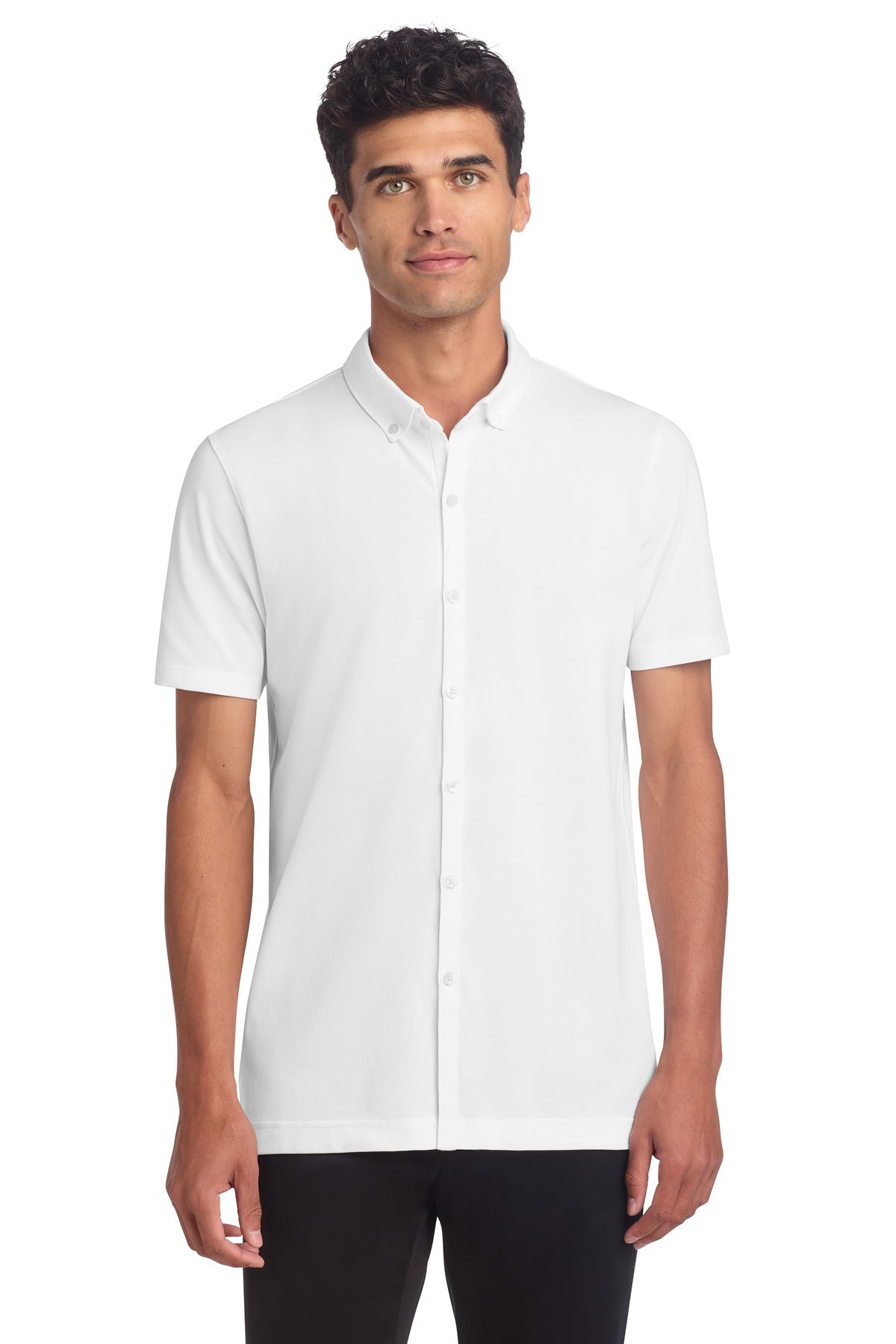 Custom logo Mercer+Mettle® Stretch Pique Full-Button Polo MM1006 in White