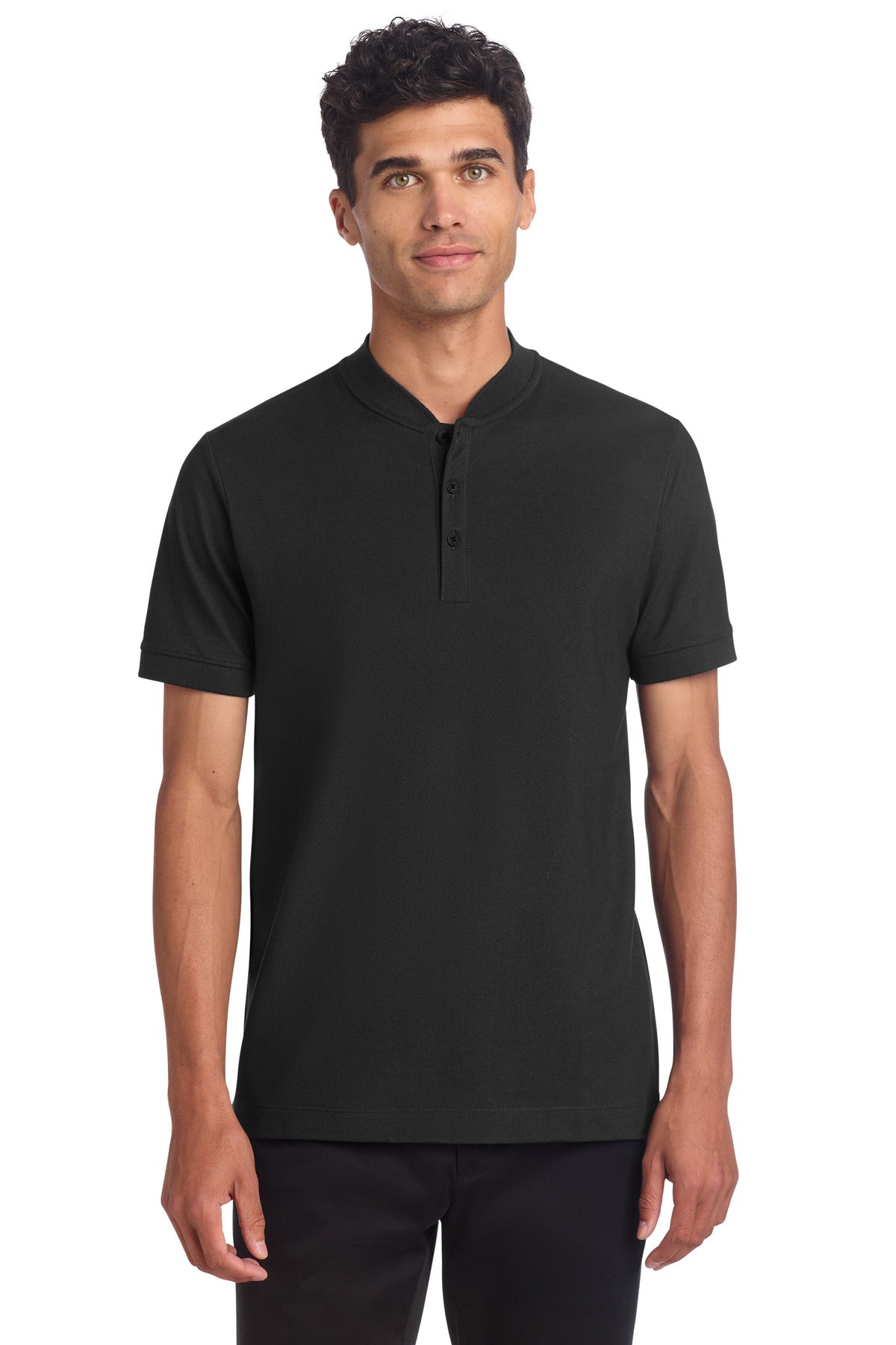 Custom logo Mercer+Mettle® Stretch Pique Henley MM1008 in Deep Black