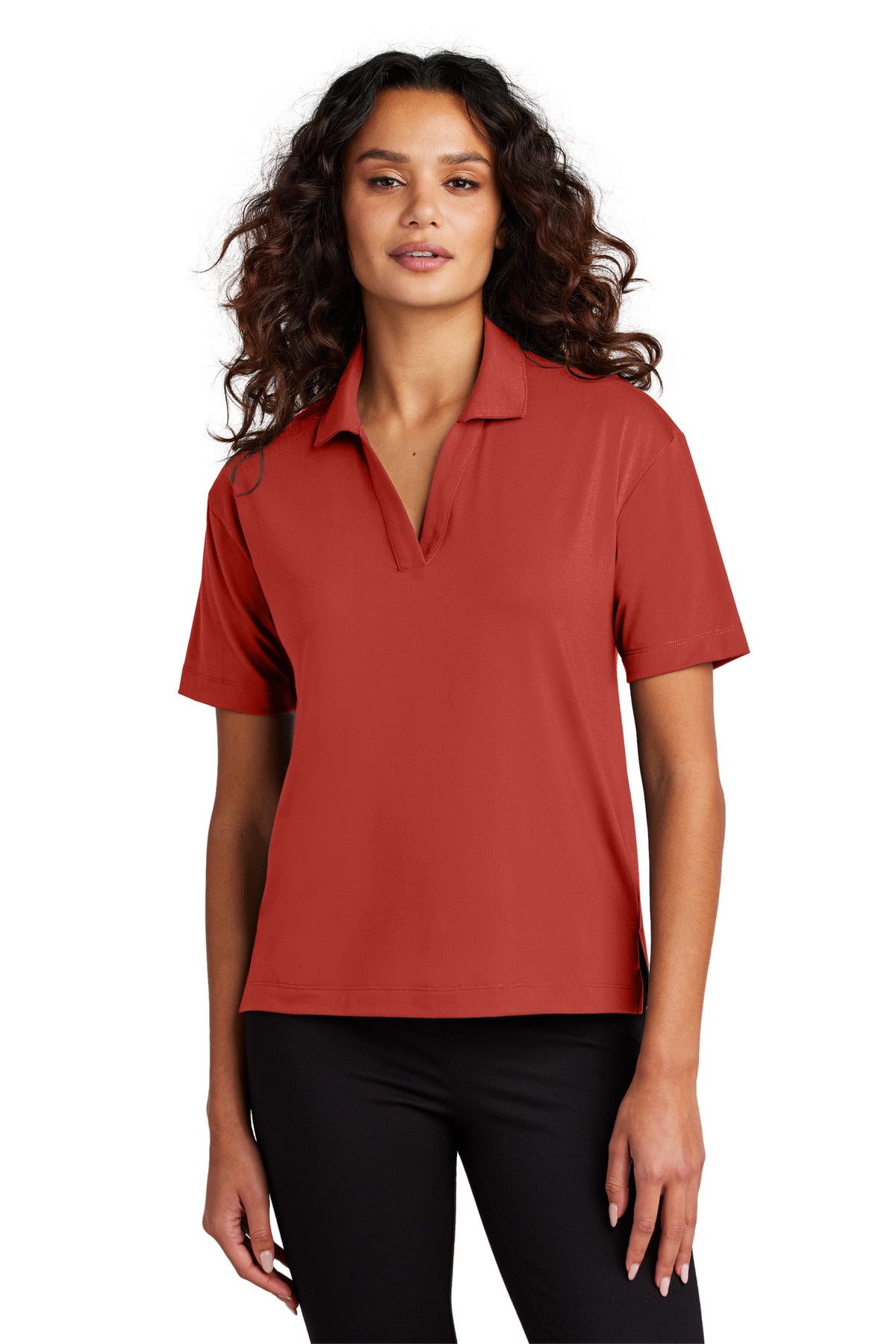 Custom logo Mercer+Mettle® Women's Stretch Jersey Polo MM1015 in Terracotta