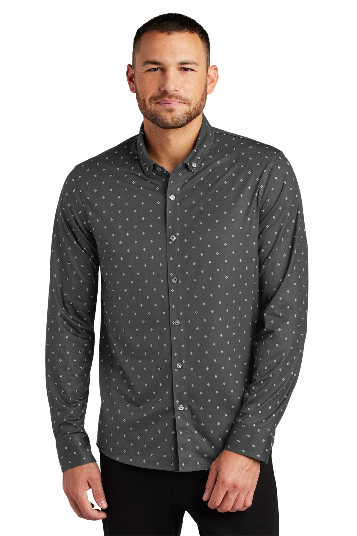 Custom logo Mercer+Mettle® Stretch Jersey Long Sleeve Shirt MM1018 in Anchor Grey Geo Diamond