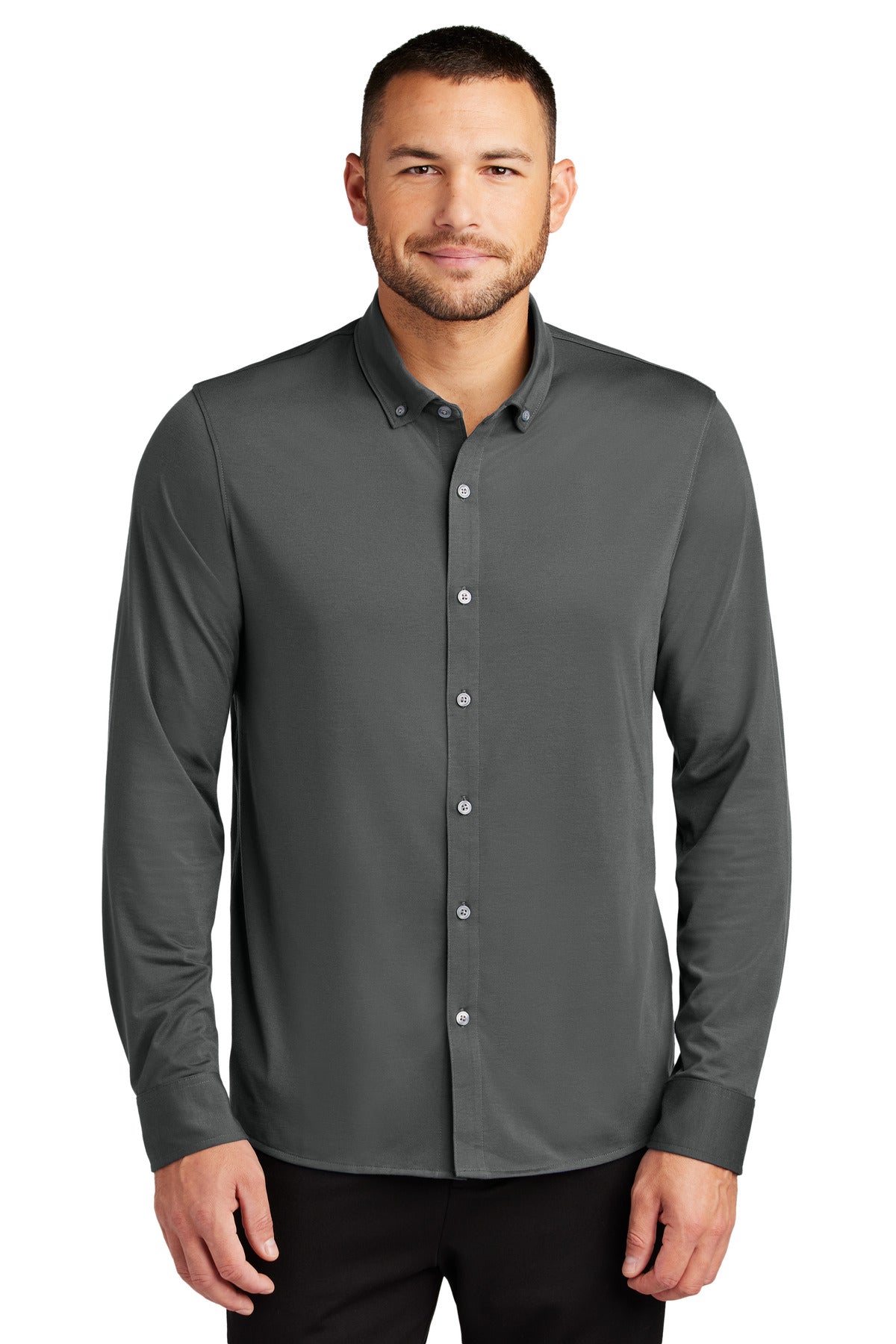 Custom logo Mercer+Mettle® Stretch Jersey Long Sleeve Shirt MM1018 in Anchor Grey