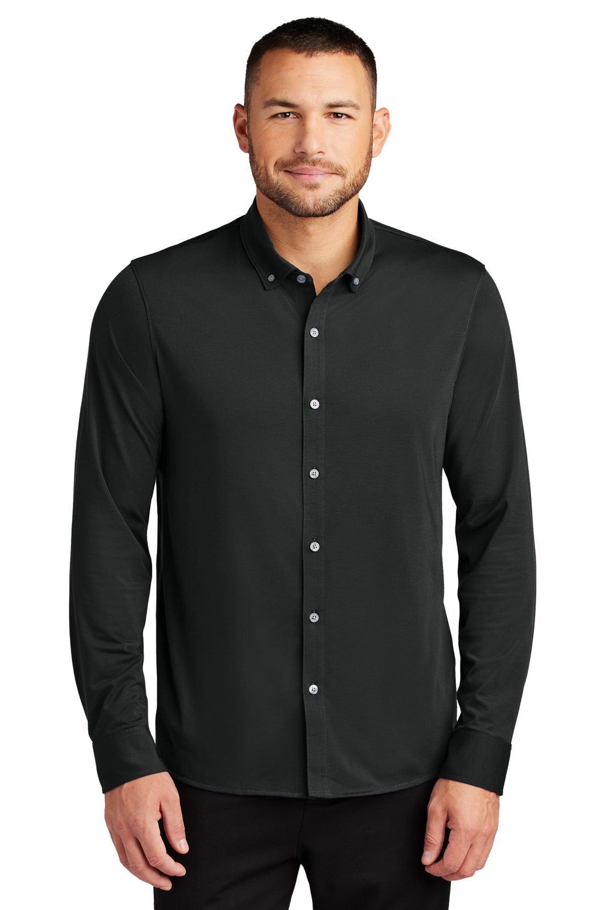 Custom logo Mercer+Mettle® Stretch Jersey Long Sleeve Shirt MM1018 in Deep Black