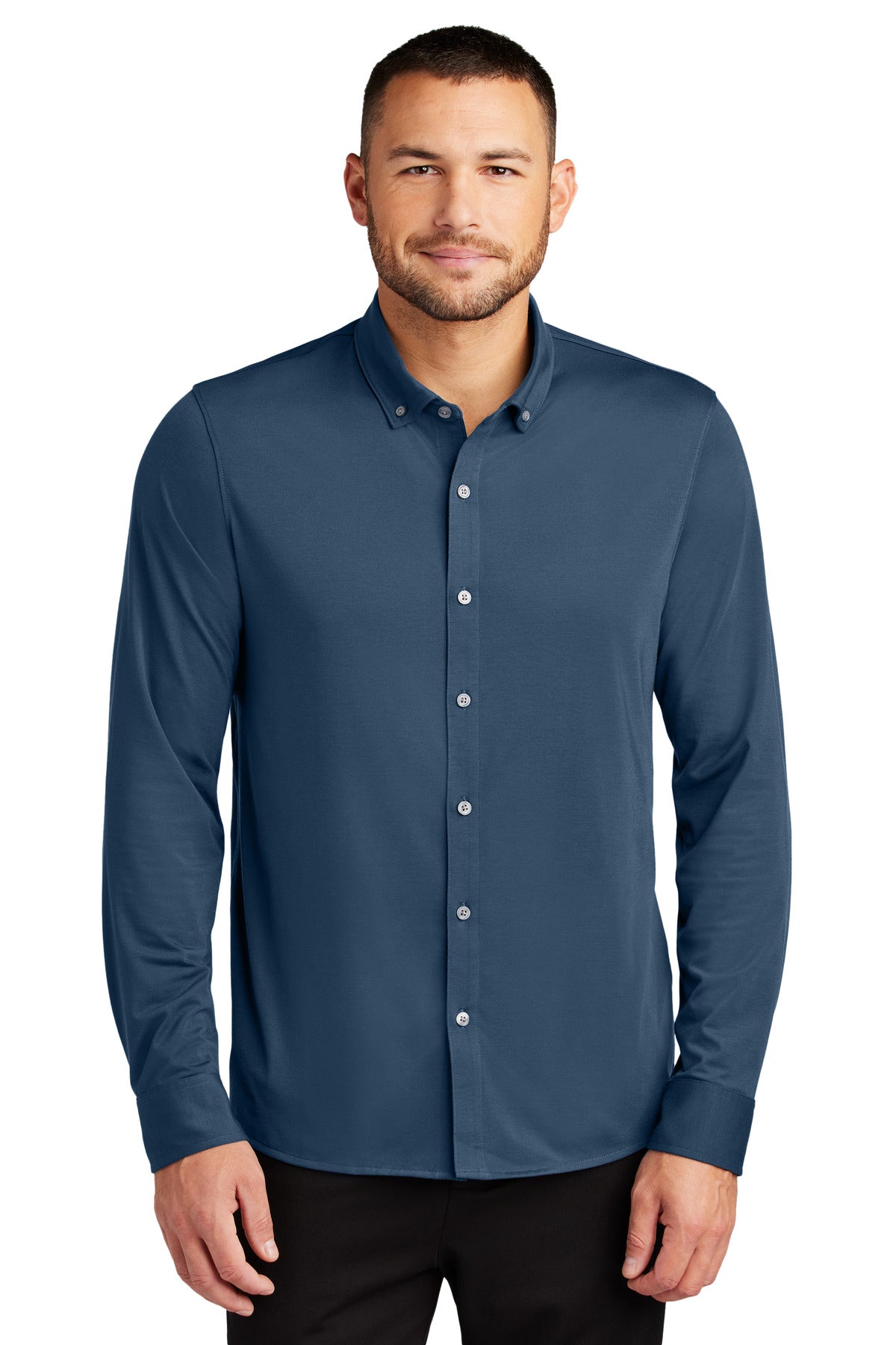 Custom logo Mercer+Mettle® Stretch Jersey Long Sleeve Shirt MM1018 in Insignia Blue