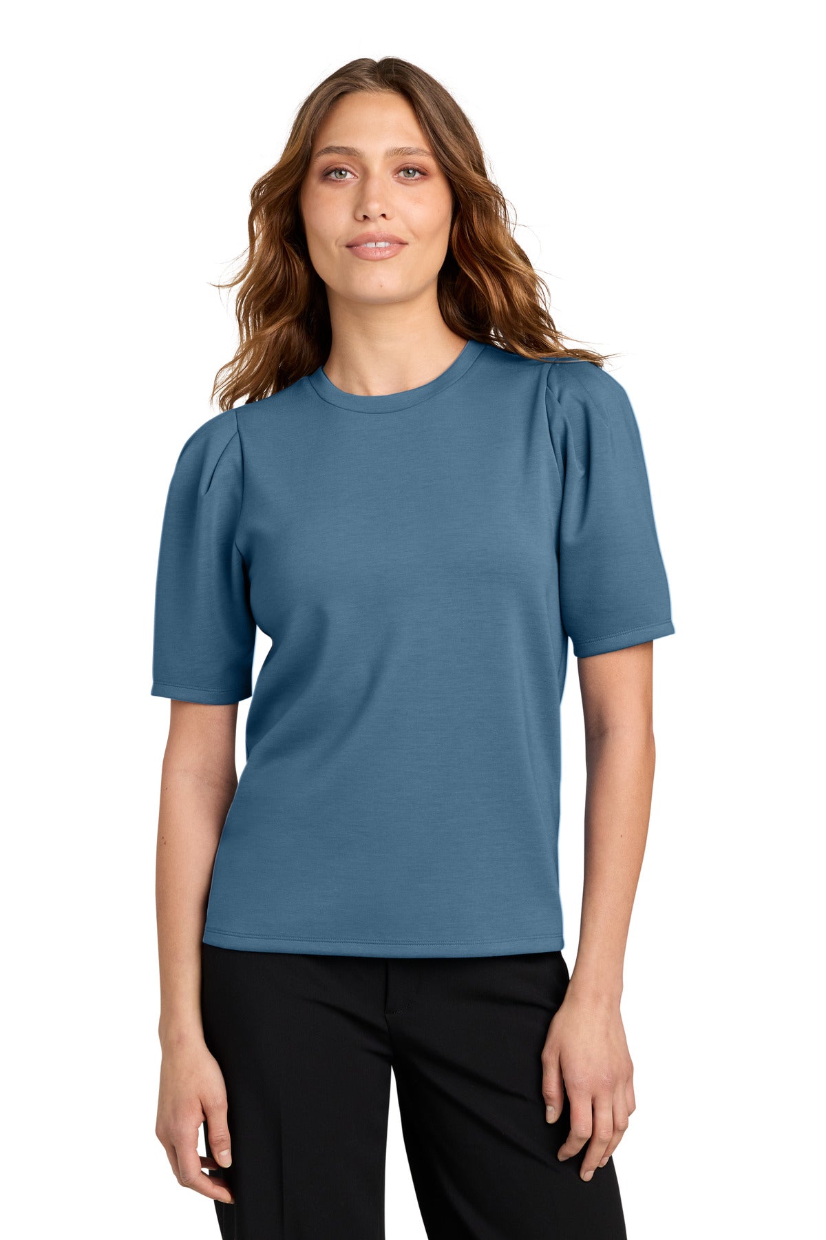 Custom logo Mercer+Mettle® Women's Short Sleeve Lite Spacer Top MM1041 in Harbor Blue