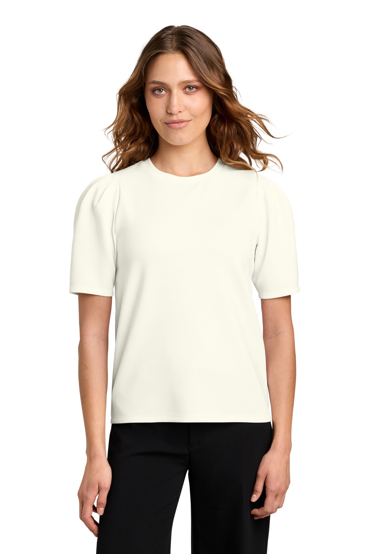 Custom logo Mercer+Mettle® Women's Short Sleeve Lite Spacer Top MM1041 in Ivory Chiffon