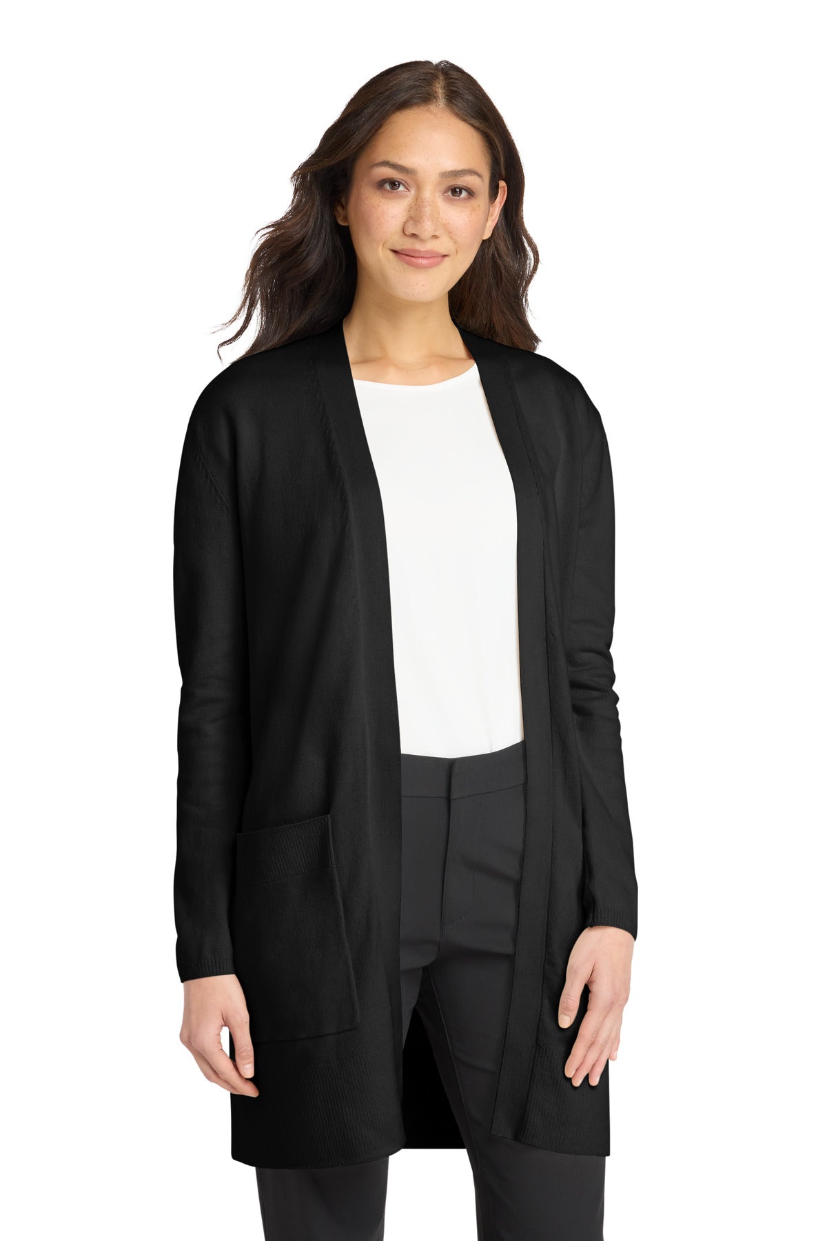 Custom logo Mercer+Mettle® Women's Open-Front Cardigan Sweater MM3023 in Deep Black