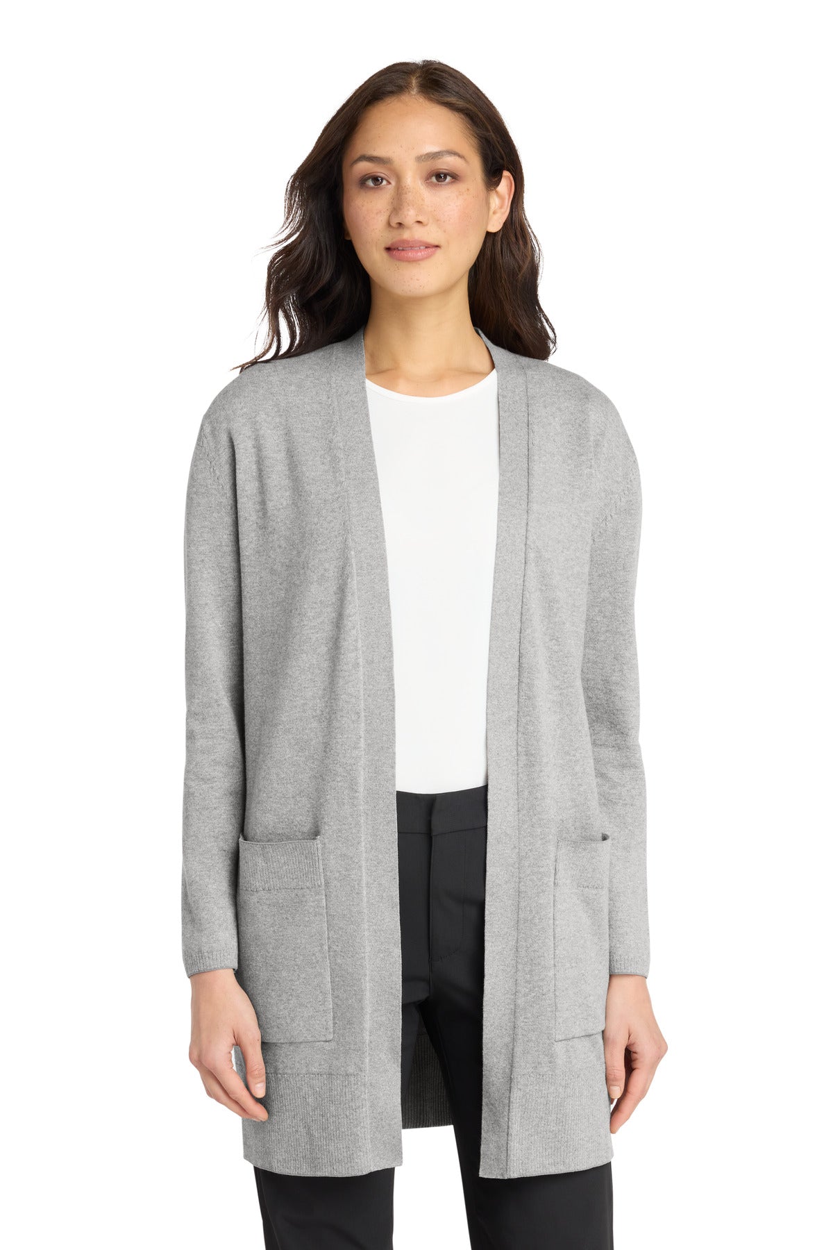 Custom logo Mercer+Mettle® Women's Open-Front Cardigan Sweater MM3023 in Gusty Grey Heather