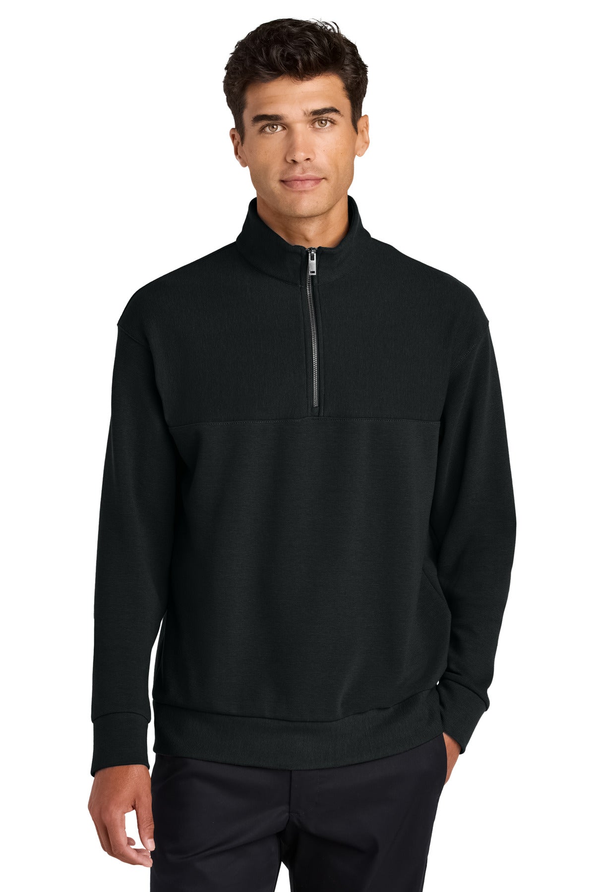 Custom logo Mercer+Mettle® Linear Texture 1/4-Zip MM3040 in Deep Black