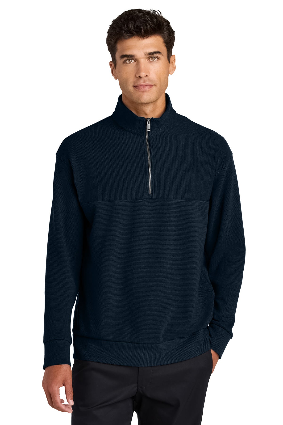 Custom logo Mercer+Mettle® Linear Texture 1/4-Zip MM3040 in Night Navy