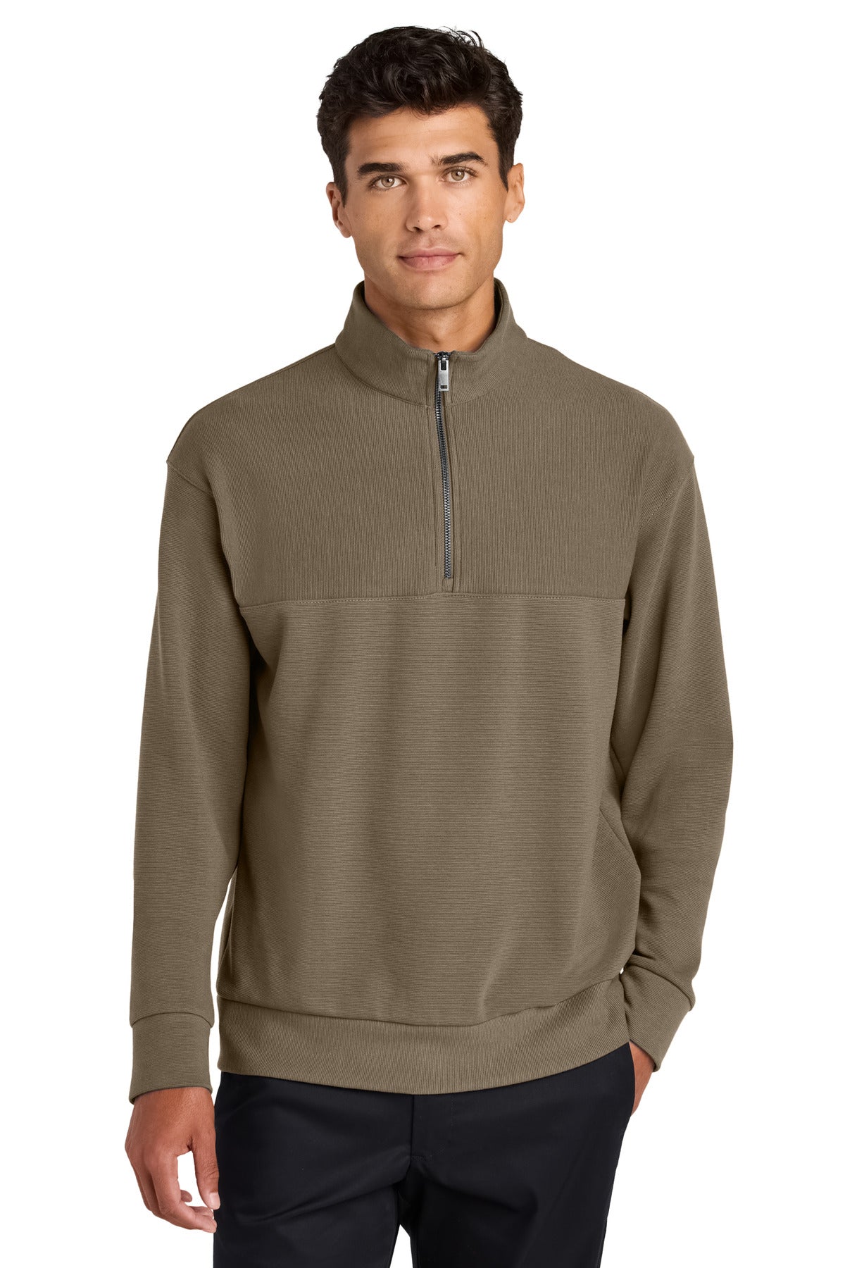 Custom logo Mercer+Mettle® Linear Texture 1/4-Zip MM3040 in Warm Taupe