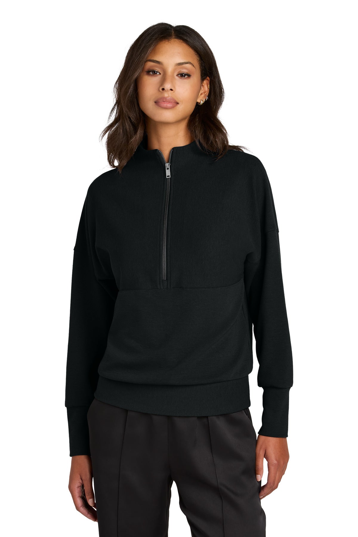 Custom logo Mercer+Mettle® Women's Linear Texture 1/4-Zip MM3041 in Deep Black