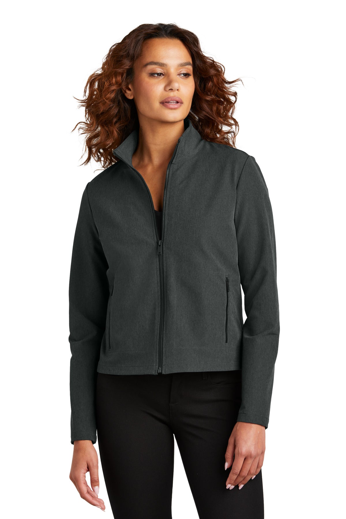 Custom logo Mercer+Mettle® Women's Stretch Soft Shell Jacket MM7103 in Anchor Grey Heather