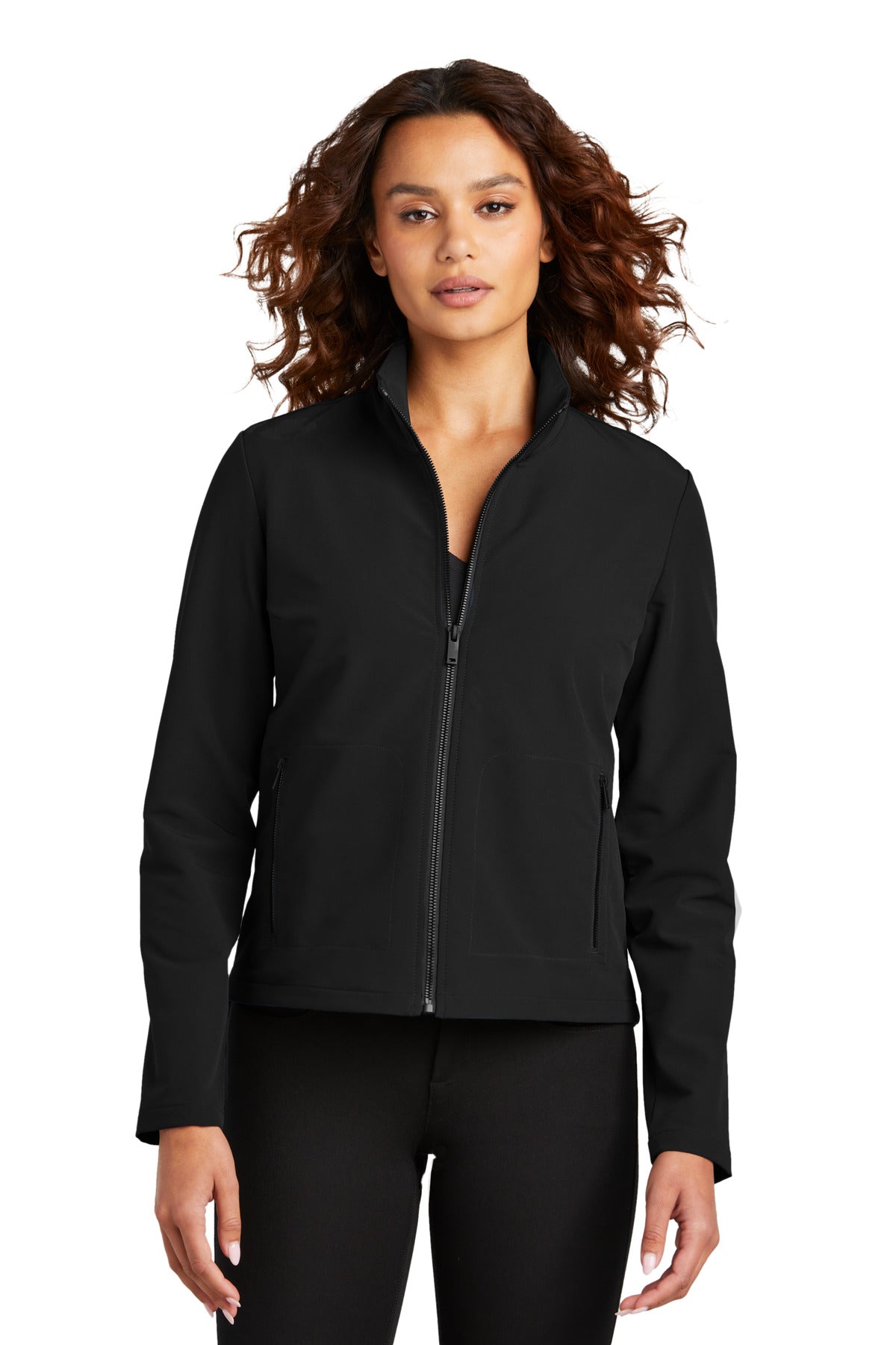 Custom logo Mercer+Mettle® Women's Stretch Soft Shell Jacket MM7103 in Deep Black