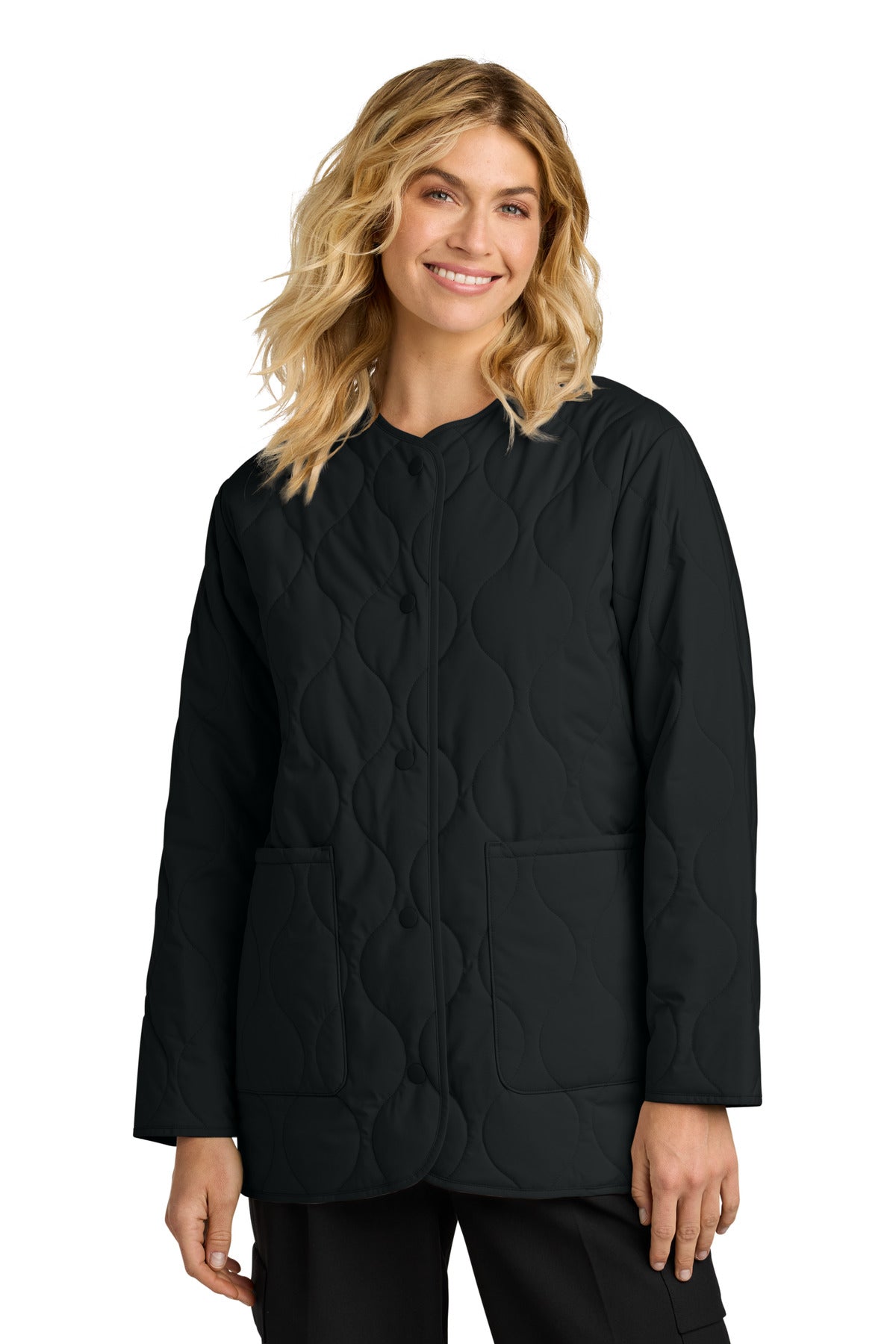 Custom logo Mercer+Mettle® Women's Quilted Liner Jacket MM7203 in Deep Black