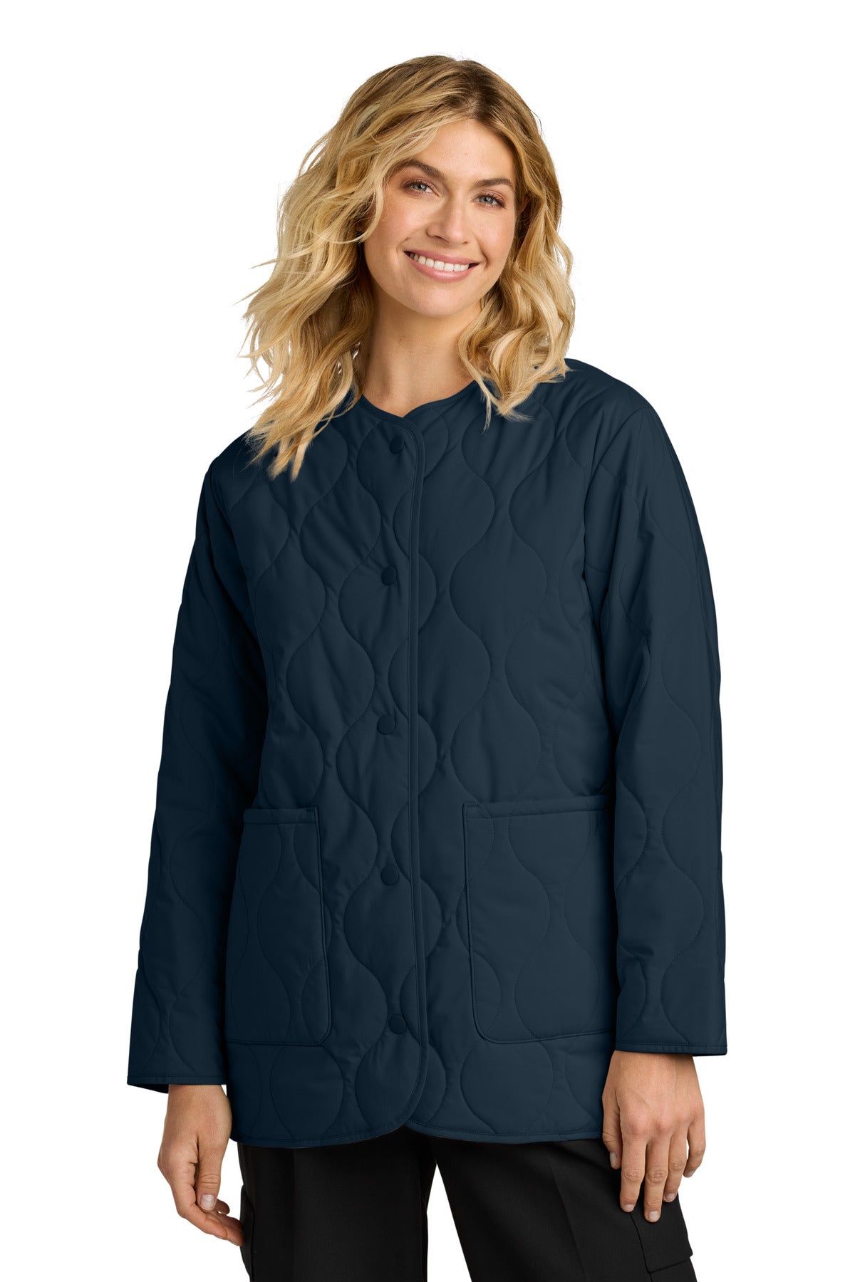 Custom logo Mercer+Mettle® Women's Quilted Liner Jacket MM7203 in Night Navy
