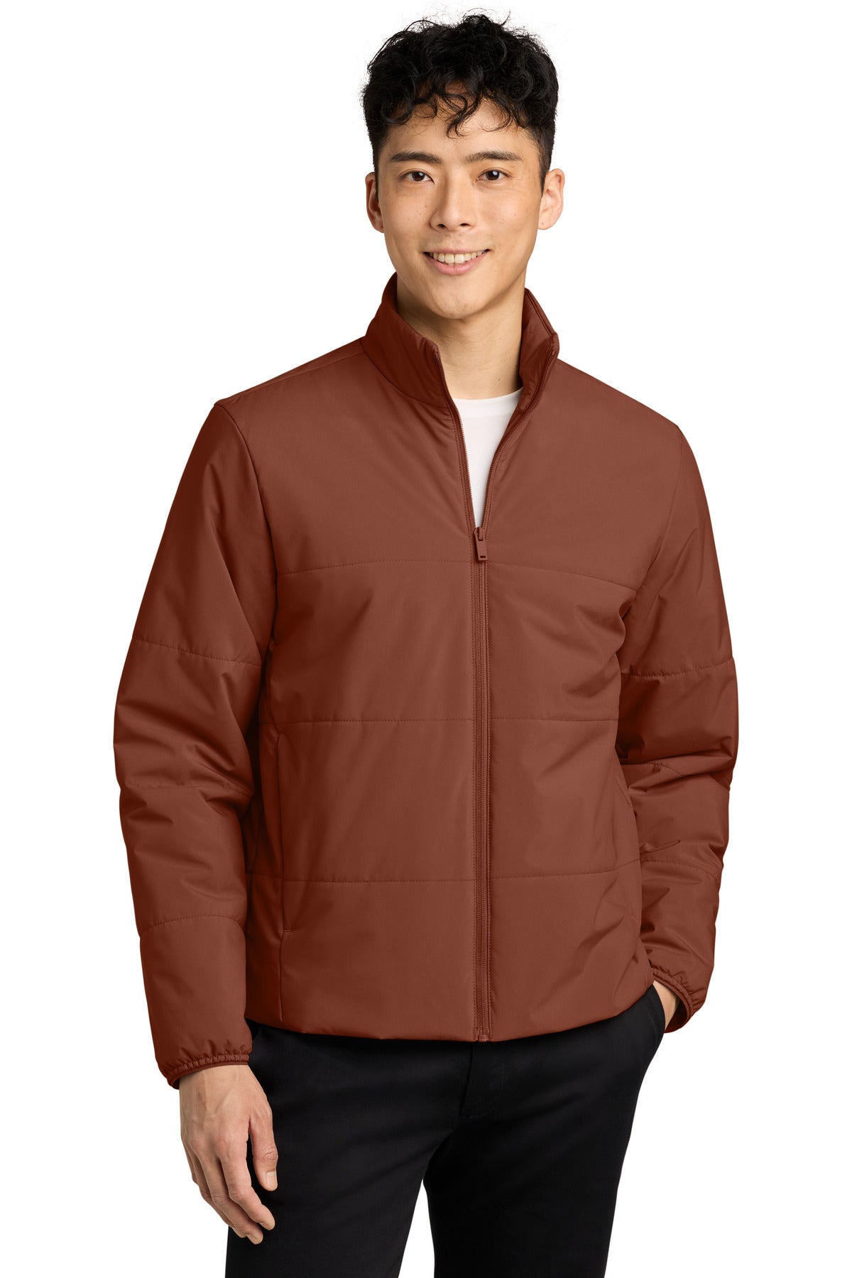Custom logo Mercer+Mettle® Brookline Quilted Jacket MM7220 in Dark Sienna