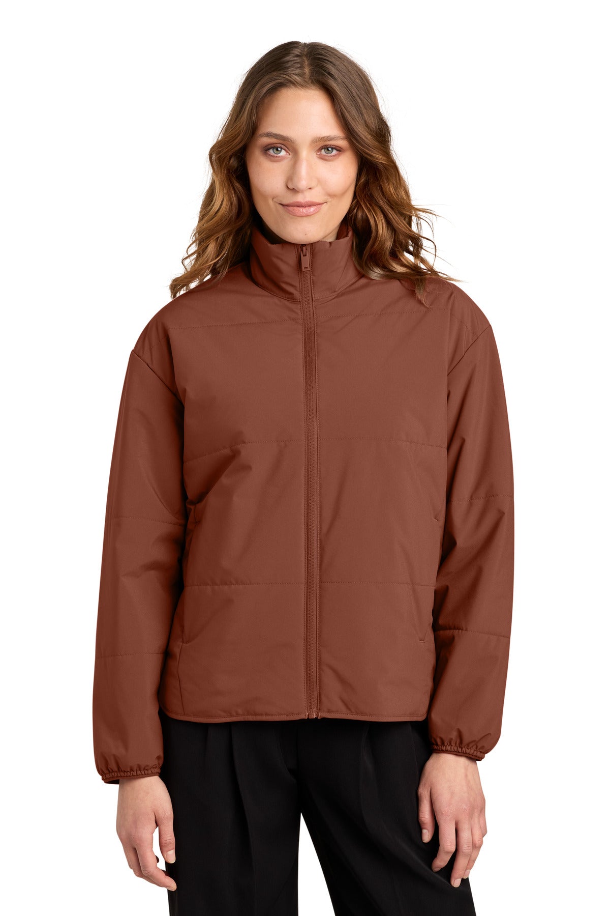 Custom logo Mercer+Mettle® Women's Brookline Quilted Jacket MM7221 in Dark Sienna