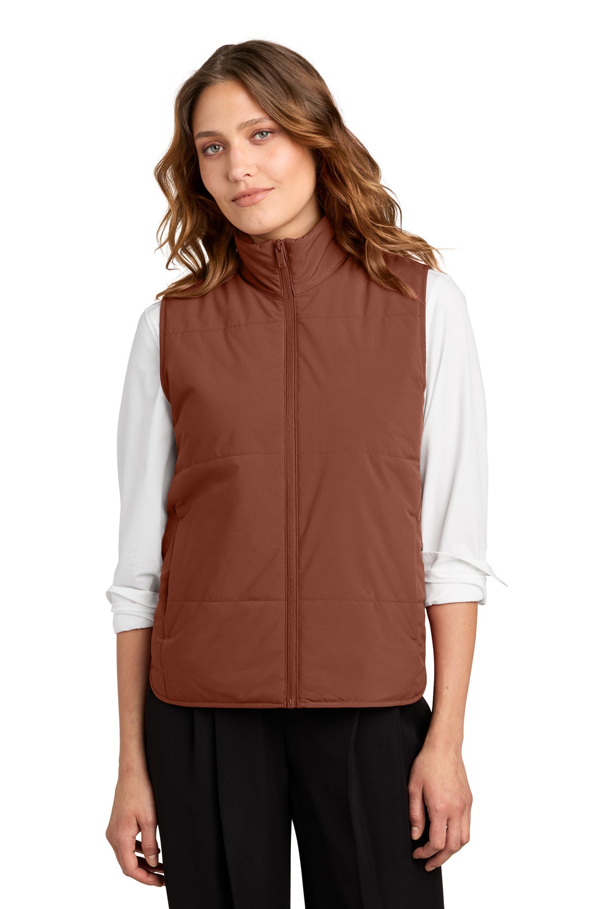 Custom logo Mercer+Mettle® Women's Brookline Quilted Vest MM7223 in Dark Sienna