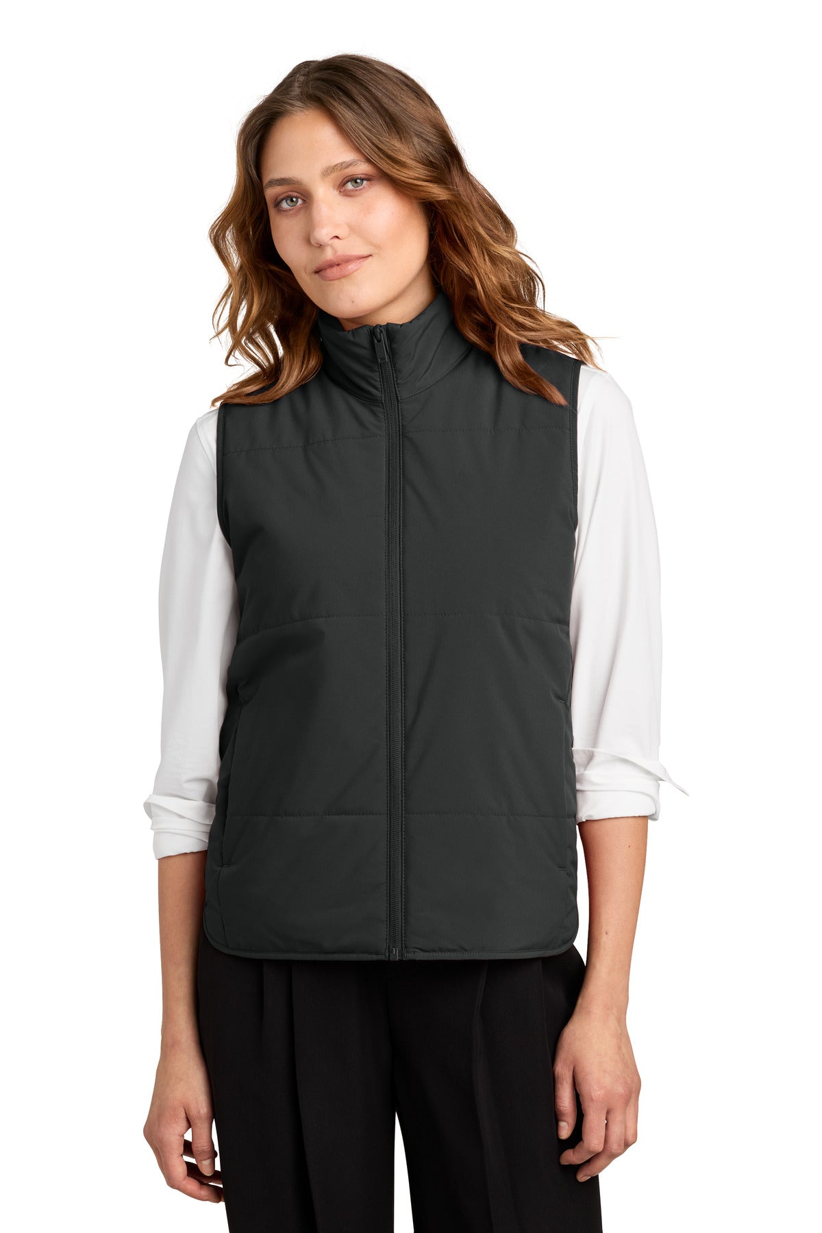 Custom logo Mercer+Mettle® Women's Brookline Quilted Vest MM7223 in Deep Black