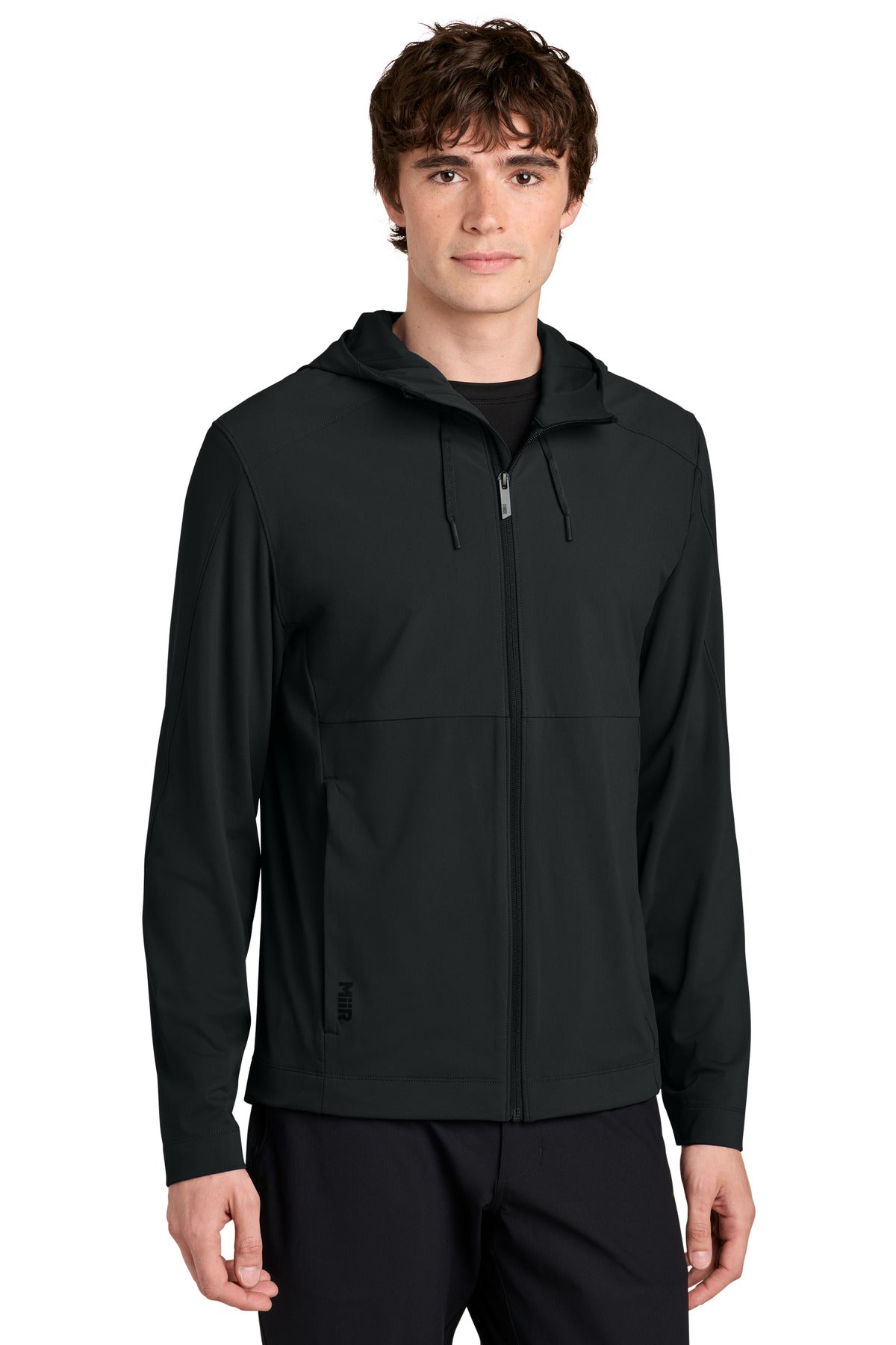 Custom logo MiiR® Kivu Hybrid Full-Zip Hooded Jacket MRA230 in Pitch Black