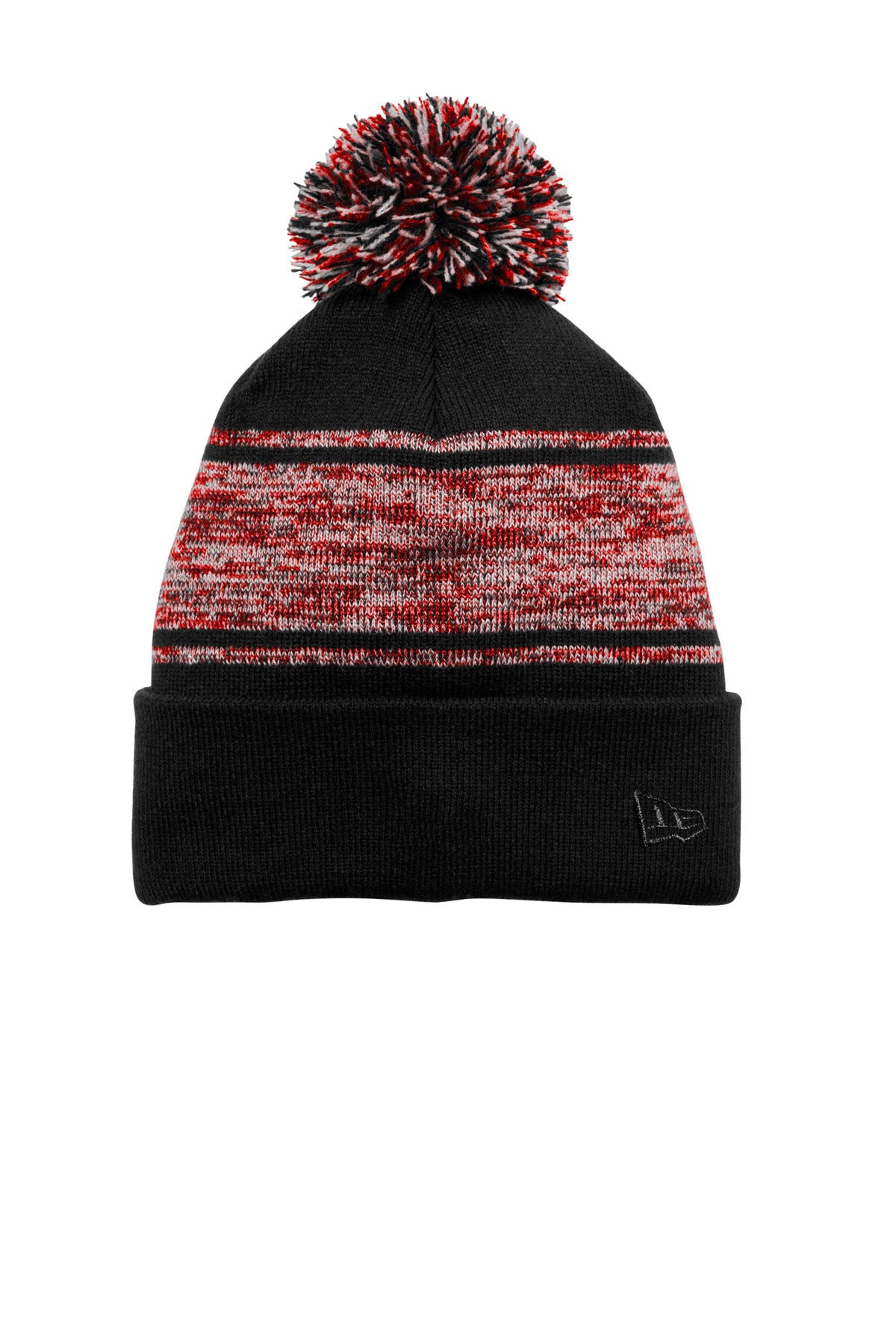 Custom logo New Era® Knit Chilled Pom Beanie NE909 in Black/ Scarlet
