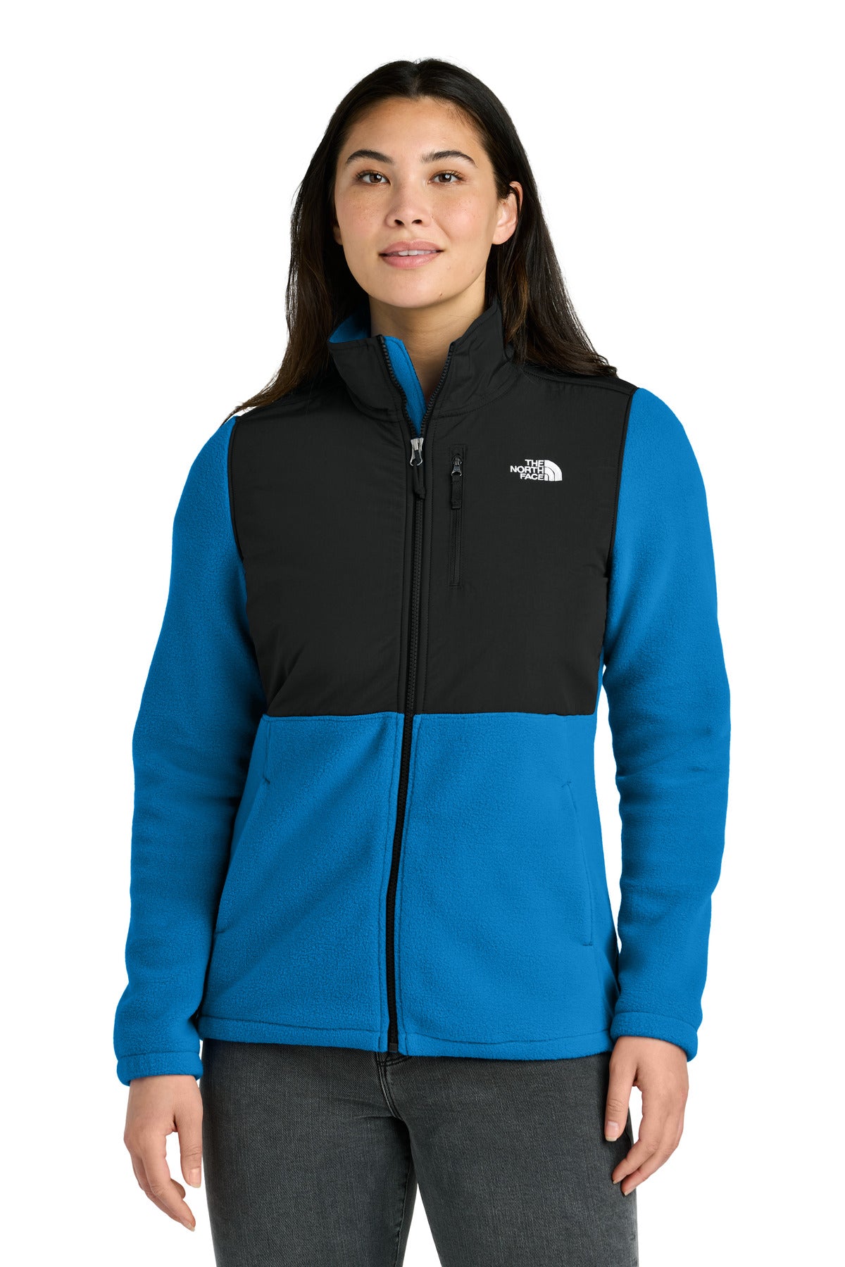 Custom logo The North Face® Women's Highest Peak Full-Zip Fleece Jacket NF0A8BUR in Hero Blue/ TNF Black