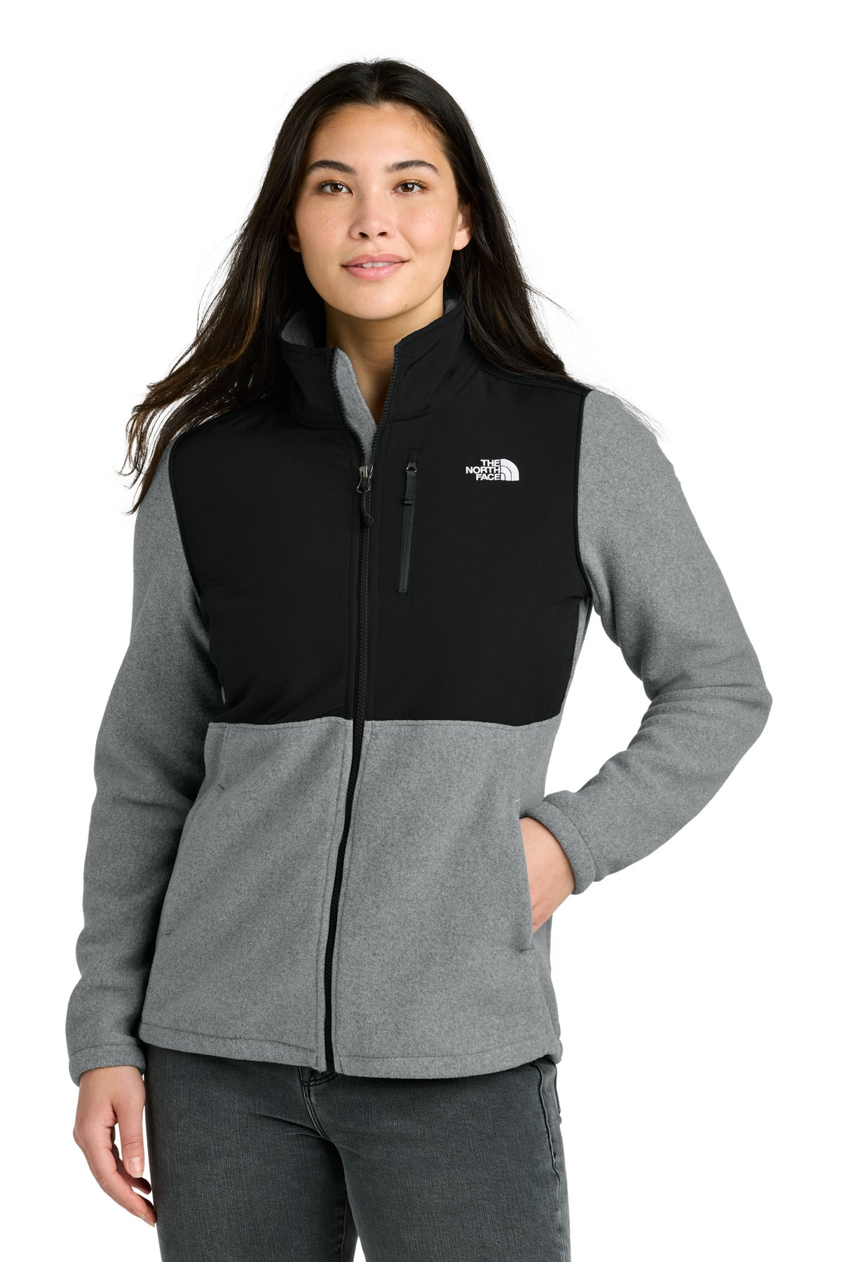 Custom logo The North Face® Women's Highest Peak Full-Zip Fleece Jacket NF0A8BUR in TNF Medium Grey Heather/ TNF Black