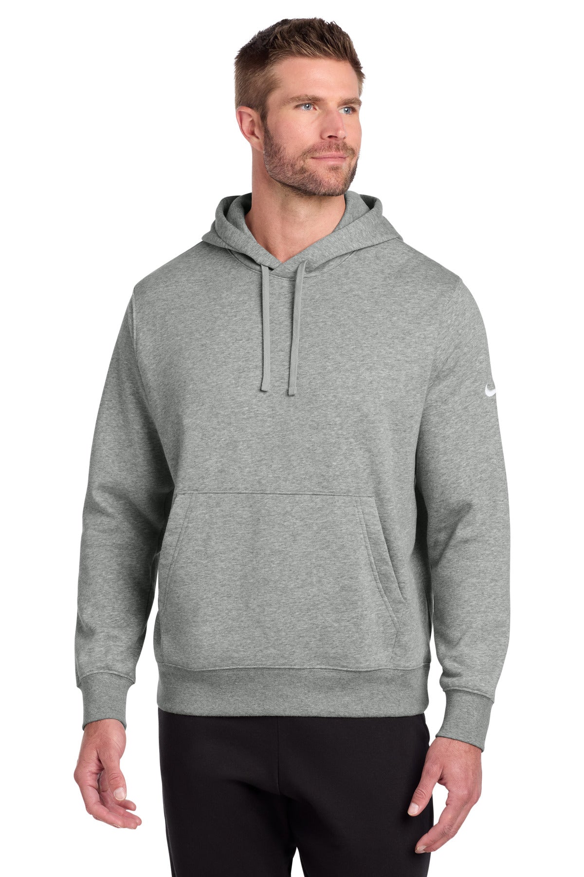 Custom logo Nike Club Fleece Sleeve Swoosh Pullover Hoodie NKDR1499 in Dark Grey Heather